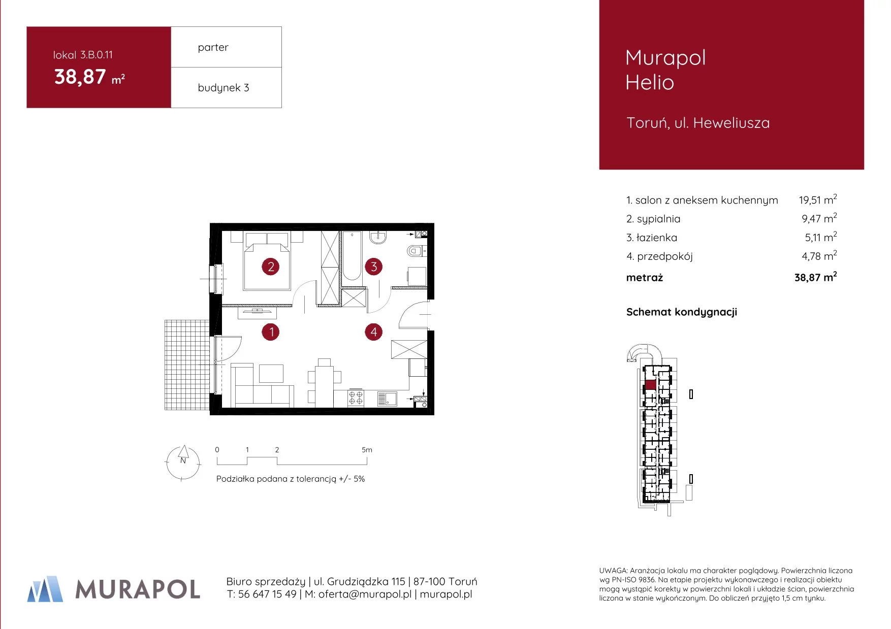 2 pokoje, mieszkanie 38,87 m², parter, oferta nr 3.B.0.11, Murapol Helio, Toruń, Wrzosy, JAR, ul. Heweliusza