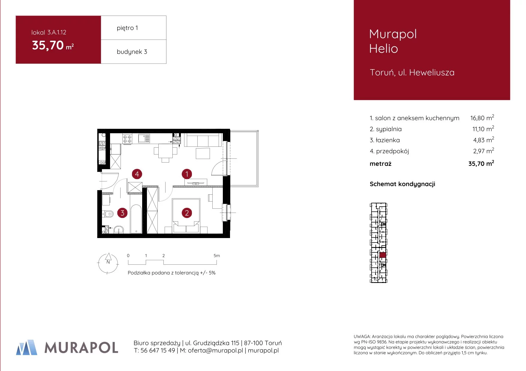 2 pokoje, mieszkanie 35,70 m², piętro 1, oferta nr 3.A.1.12, Murapol Helio, Toruń, Wrzosy, JAR, ul. Heweliusza