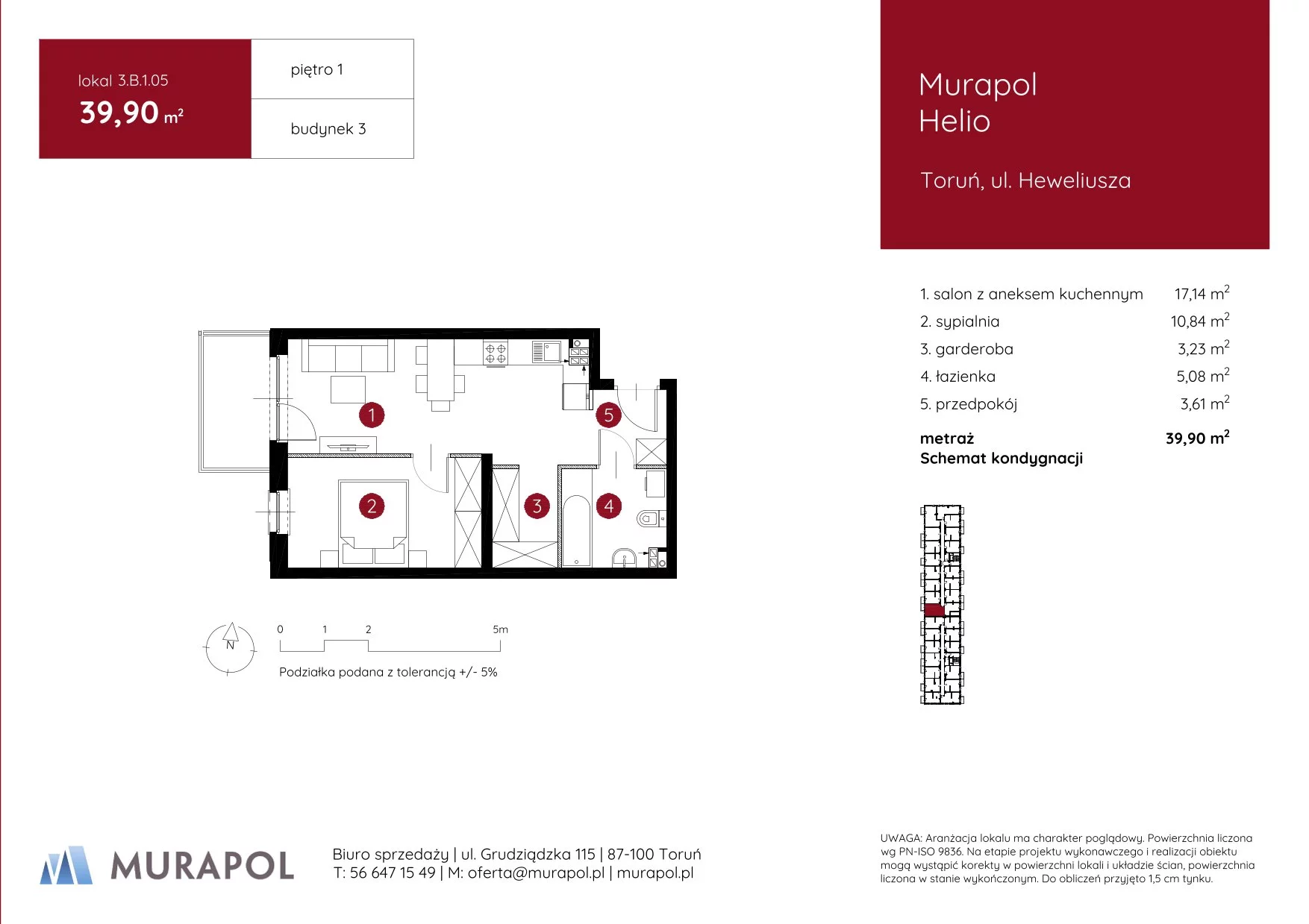 2 pokoje, mieszkanie 39,90 m², piętro 1, oferta nr 3.B.1.05, Murapol Helio, Toruń, Wrzosy, JAR, ul. Heweliusza