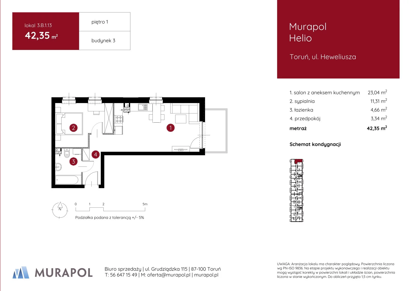 2 pokoje, mieszkanie 42,35 m², piętro 1, oferta nr 3.B.1.13, Murapol Helio, Toruń, Wrzosy, JAR, ul. Heweliusza