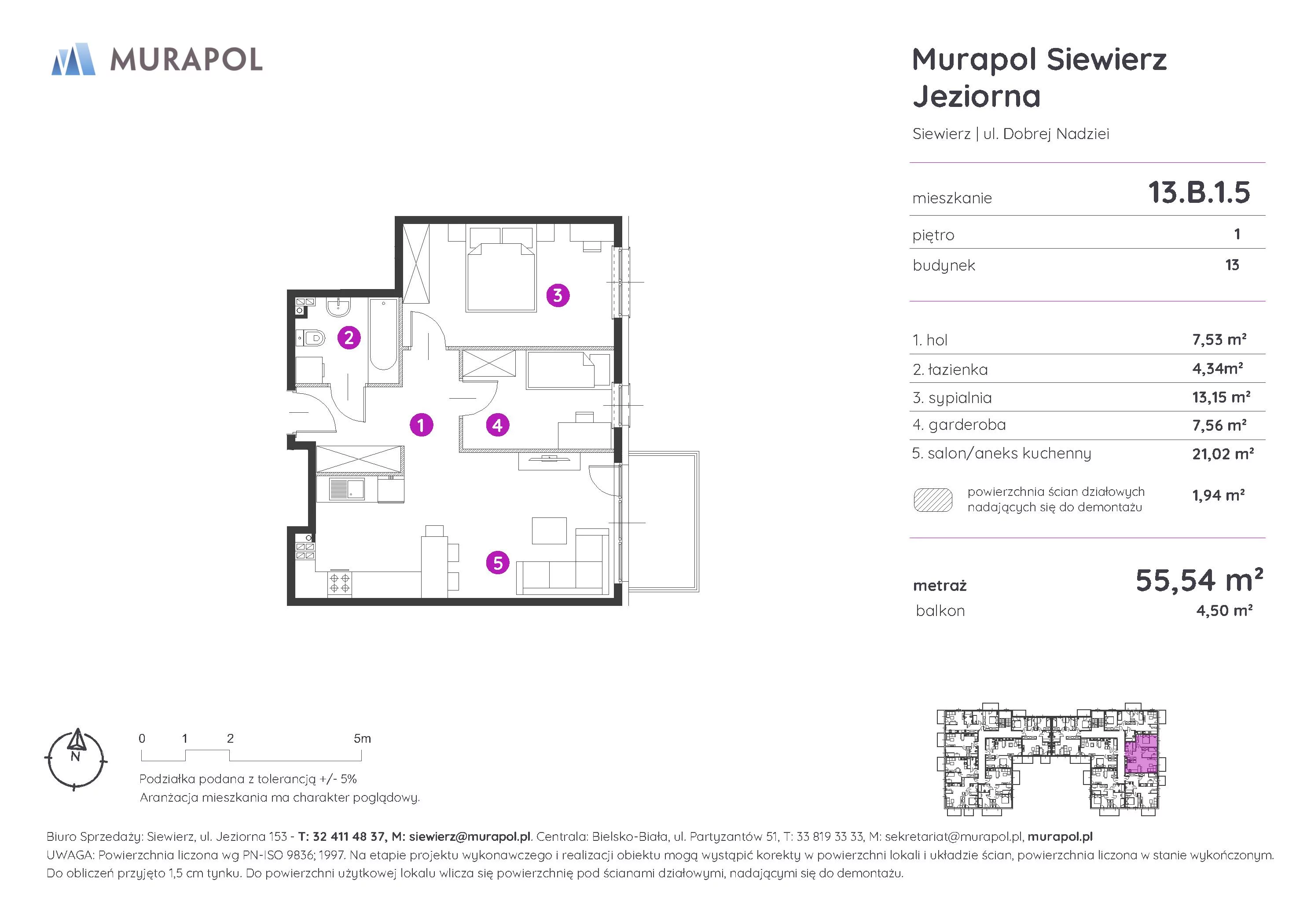 Mieszkanie 55,54 m², piętro 1, oferta nr 13.B.1.5, Murapol Siewierz Jeziorna - Gotowe mieszkania, Siewierz, ul. Jeziorna 153