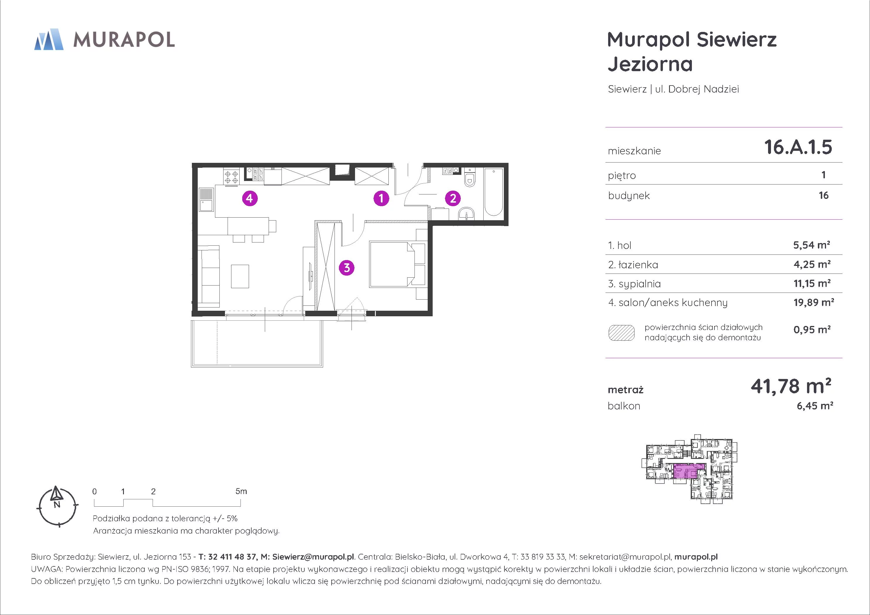 Mieszkanie 41,78 m², piętro 1, oferta nr 16.A.1.5, Murapol Siewierz Jeziorna, Siewierz, ul. Jeziorna 153