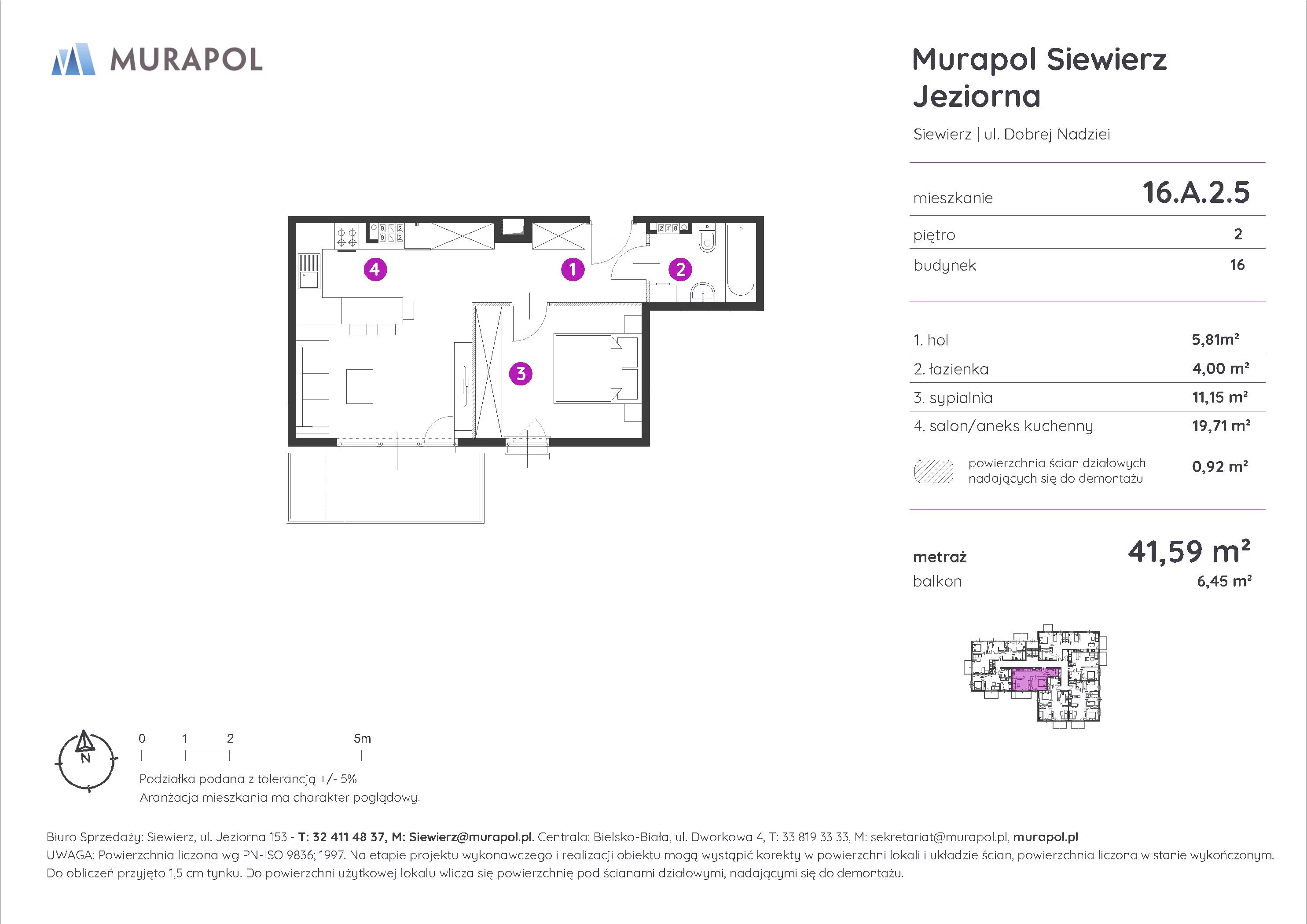 Mieszkanie 41,59 m², piętro 2, oferta nr 16.A.2.5, Murapol Siewierz Jeziorna, Siewierz, ul. Jeziorna 153