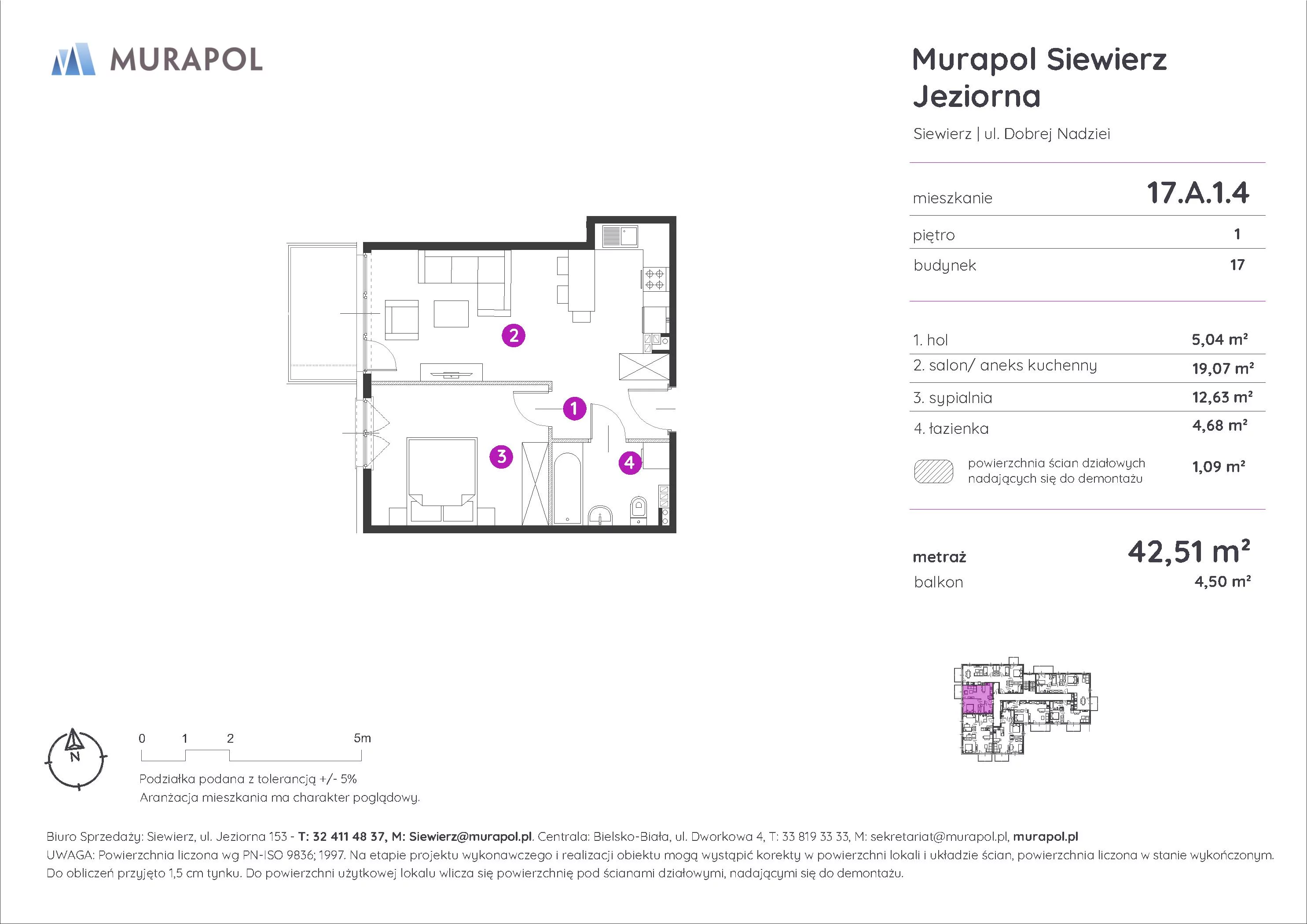 Mieszkanie 42,51 m², piętro 1, oferta nr 17.A.1.4, Murapol Siewierz Jeziorna, Siewierz, ul. Jeziorna 153