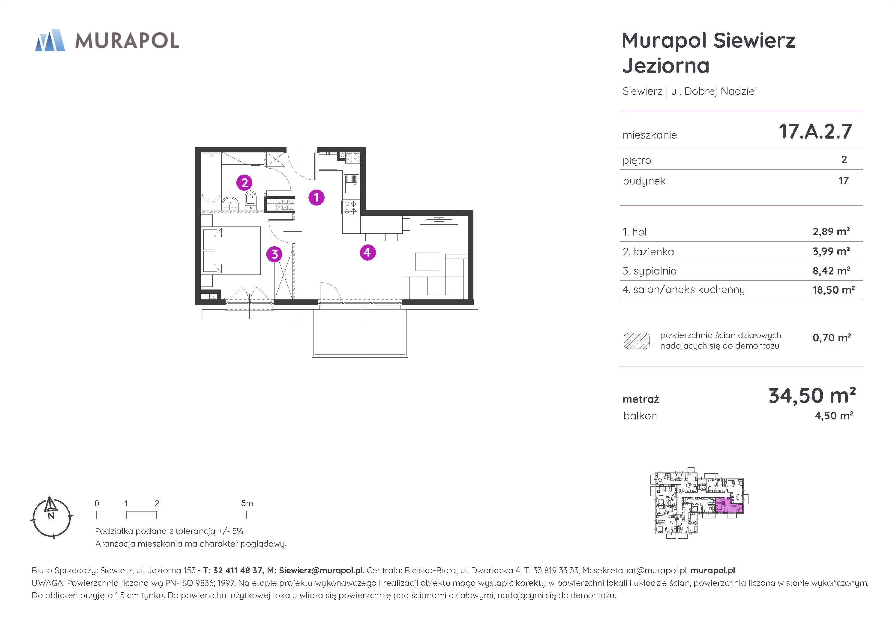 Mieszkanie 34,50 m², piętro 2, oferta nr 17.A.2.7, Murapol Siewierz Jeziorna, Siewierz, ul. Jeziorna 153