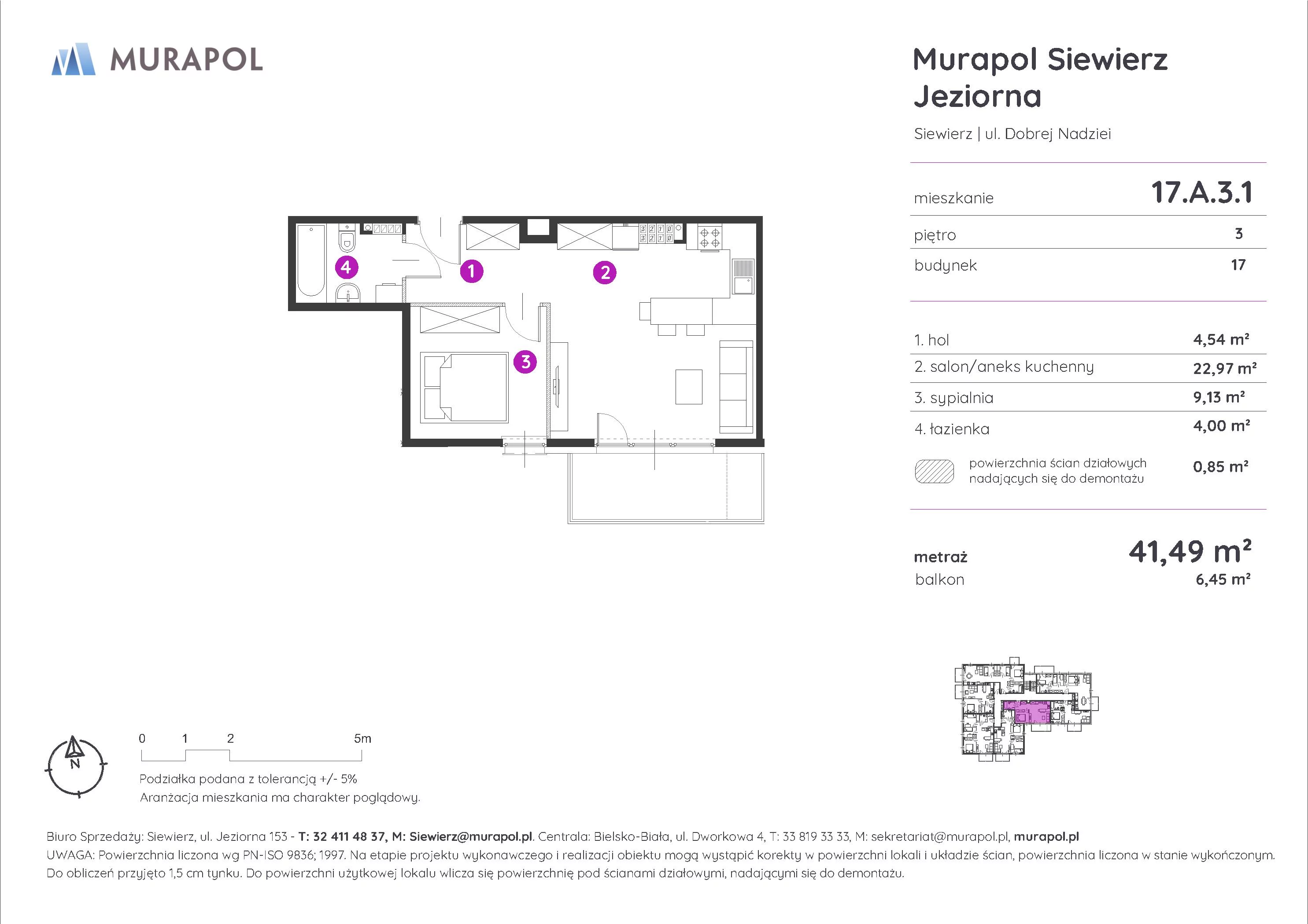 Mieszkanie 41,49 m², piętro 3, oferta nr 17.A.3.1, Murapol Siewierz Jeziorna, Siewierz, ul. Jeziorna 153