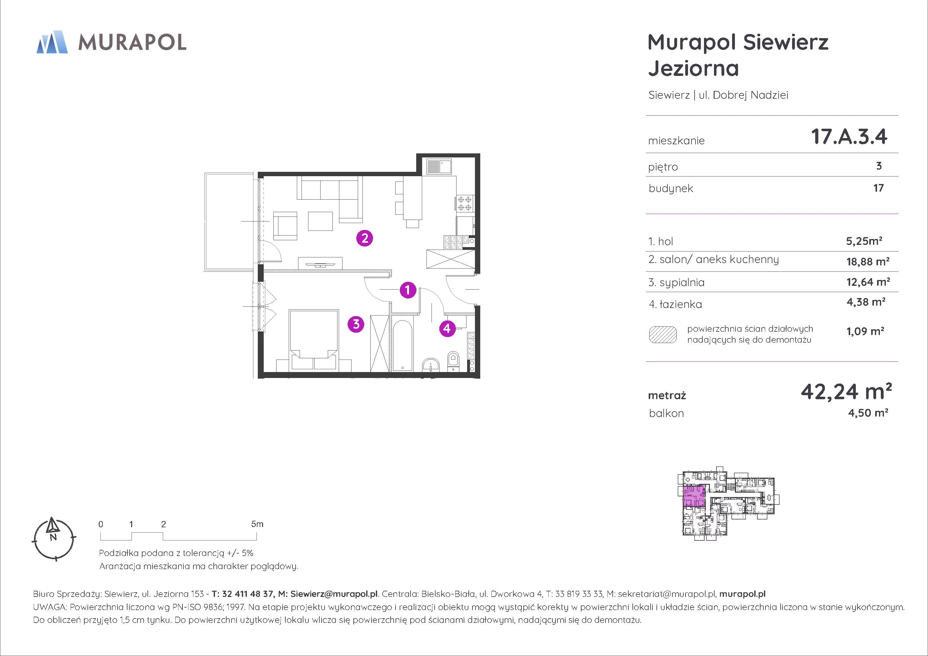 Mieszkanie 42,24 m², piętro 3, oferta nr 17.A.3.4, Murapol Siewierz Jeziorna, Siewierz, ul. Jeziorna 153