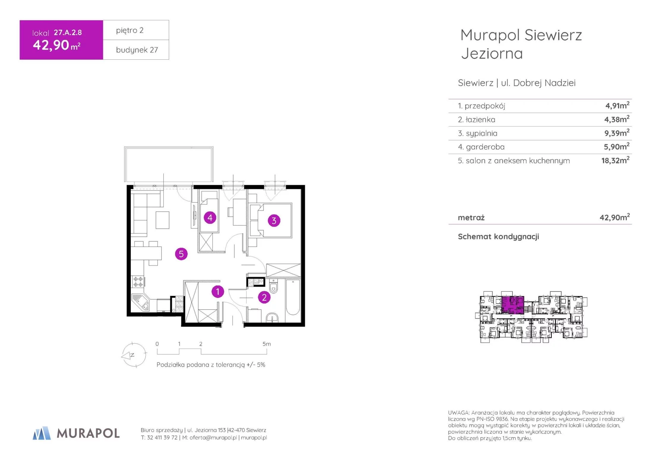2 pokoje, mieszkanie 42,90 m², piętro 2, oferta nr 27.A.2.8, Murapol Siewierz Jeziorna - Gotowe mieszkania, Siewierz, ul. Jeziorna 153