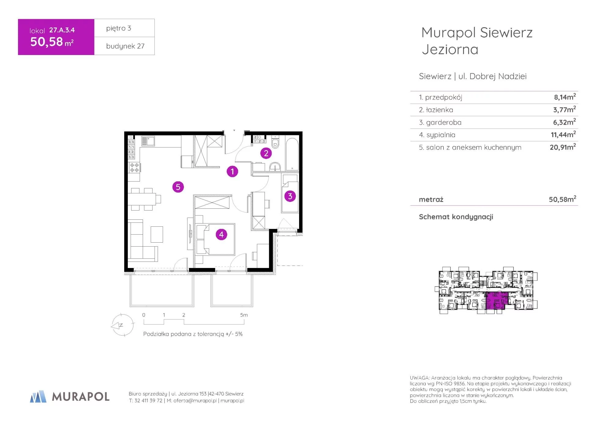 2 pokoje, mieszkanie 50,58 m², piętro 3, oferta nr 27.A.3.4, Murapol Siewierz Jeziorna - Gotowe mieszkania, Siewierz, ul. Jeziorna 153