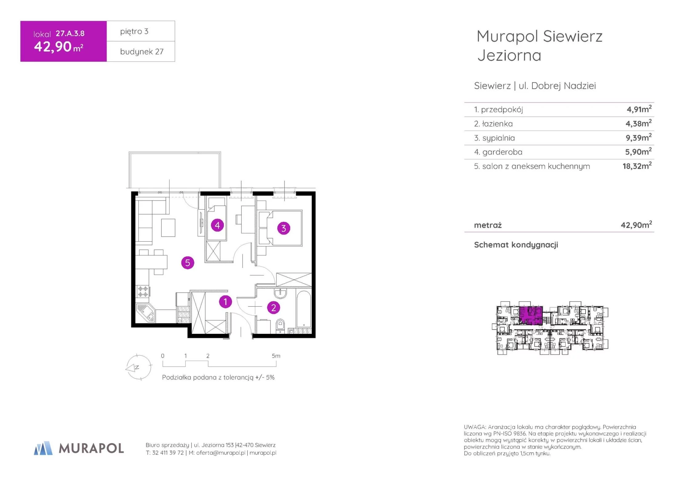2 pokoje, mieszkanie 42,90 m², piętro 3, oferta nr 27.A.3.8, Murapol Siewierz Jeziorna - Gotowe mieszkania, Siewierz, ul. Jeziorna 153