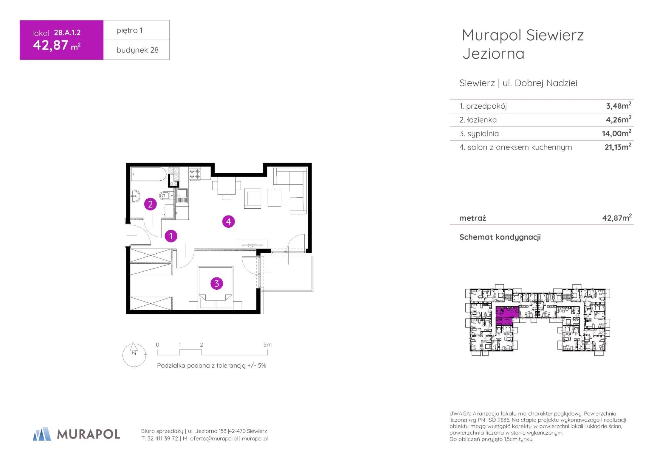 2 pokoje, mieszkanie 42,87 m², piętro 1, oferta nr 28.A.1.2, Murapol Siewierz Jeziorna - Gotowe mieszkania, Siewierz, ul. Jeziorna 153