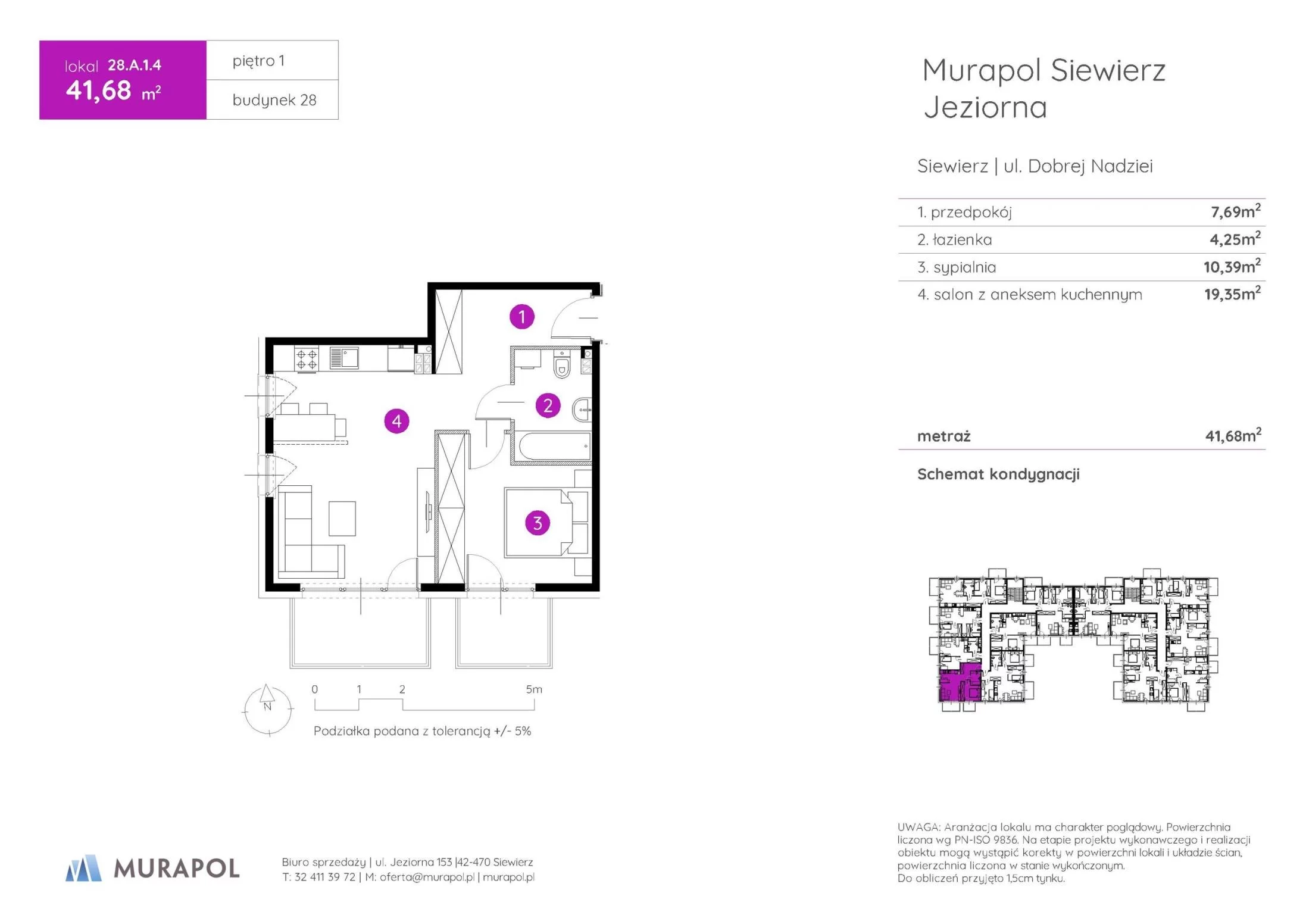 2 pokoje, mieszkanie 41,68 m², piętro 1, oferta nr 28.A.1.4, Murapol Siewierz Jeziorna - Gotowe mieszkania, Siewierz, ul. Jeziorna 153
