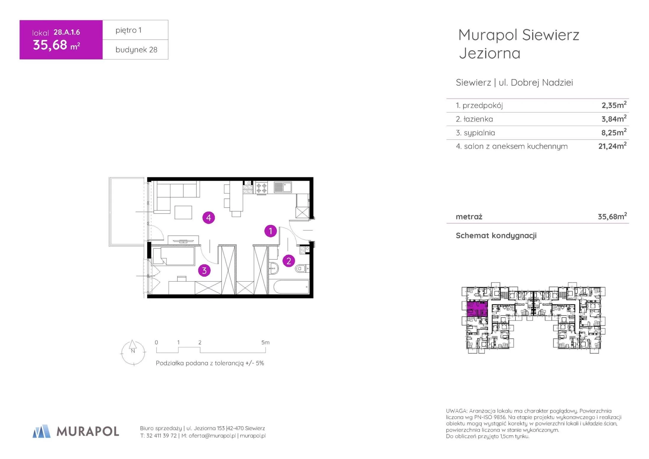 2 pokoje, mieszkanie 35,68 m², piętro 1, oferta nr 28.A.1.6, Murapol Siewierz Jeziorna - Gotowe mieszkania, Siewierz, ul. Jeziorna 153