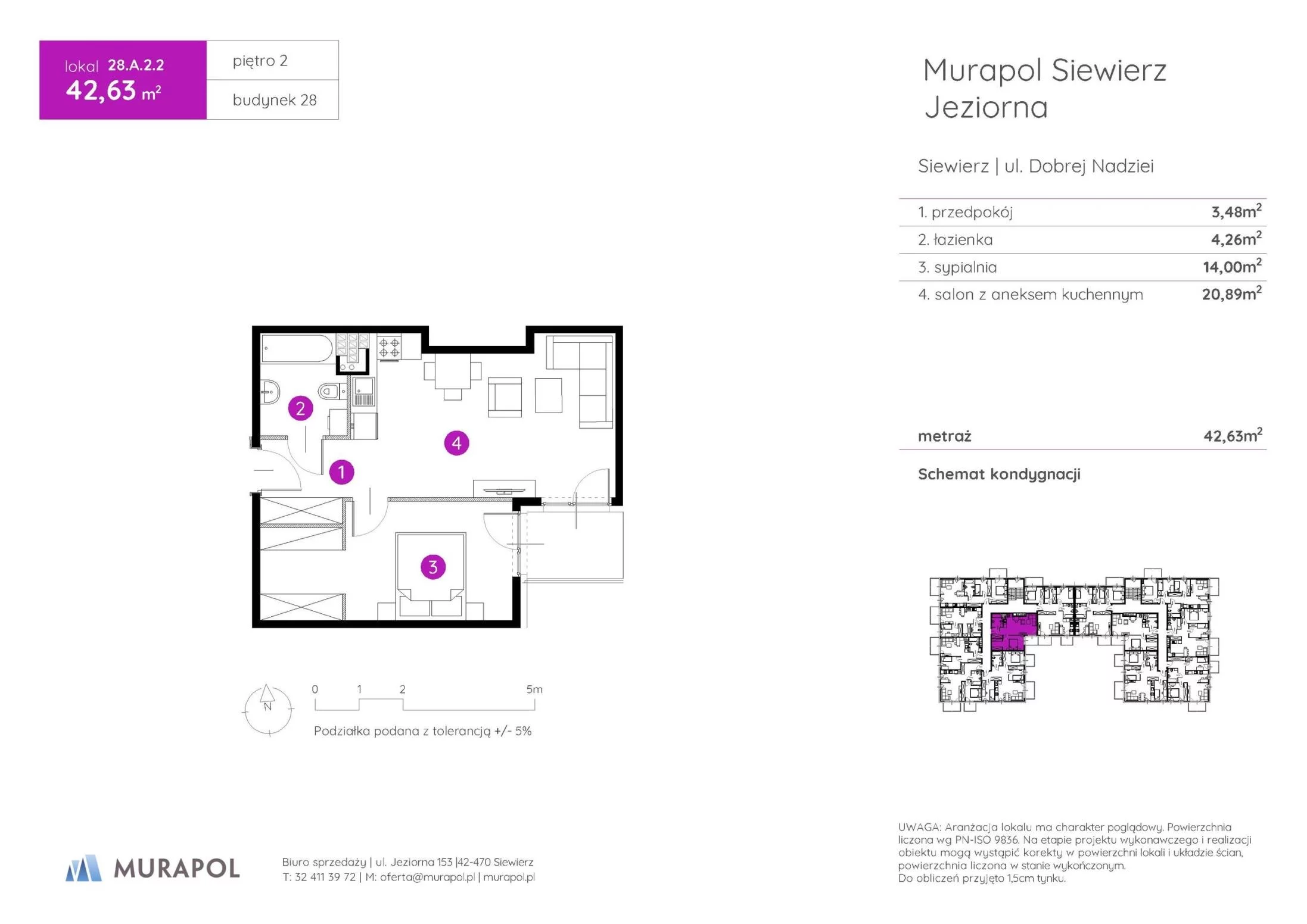 2 pokoje, mieszkanie 42,63 m², piętro 2, oferta nr 28.A.2.2, Murapol Siewierz Jeziorna - Gotowe mieszkania, Siewierz, ul. Jeziorna 153