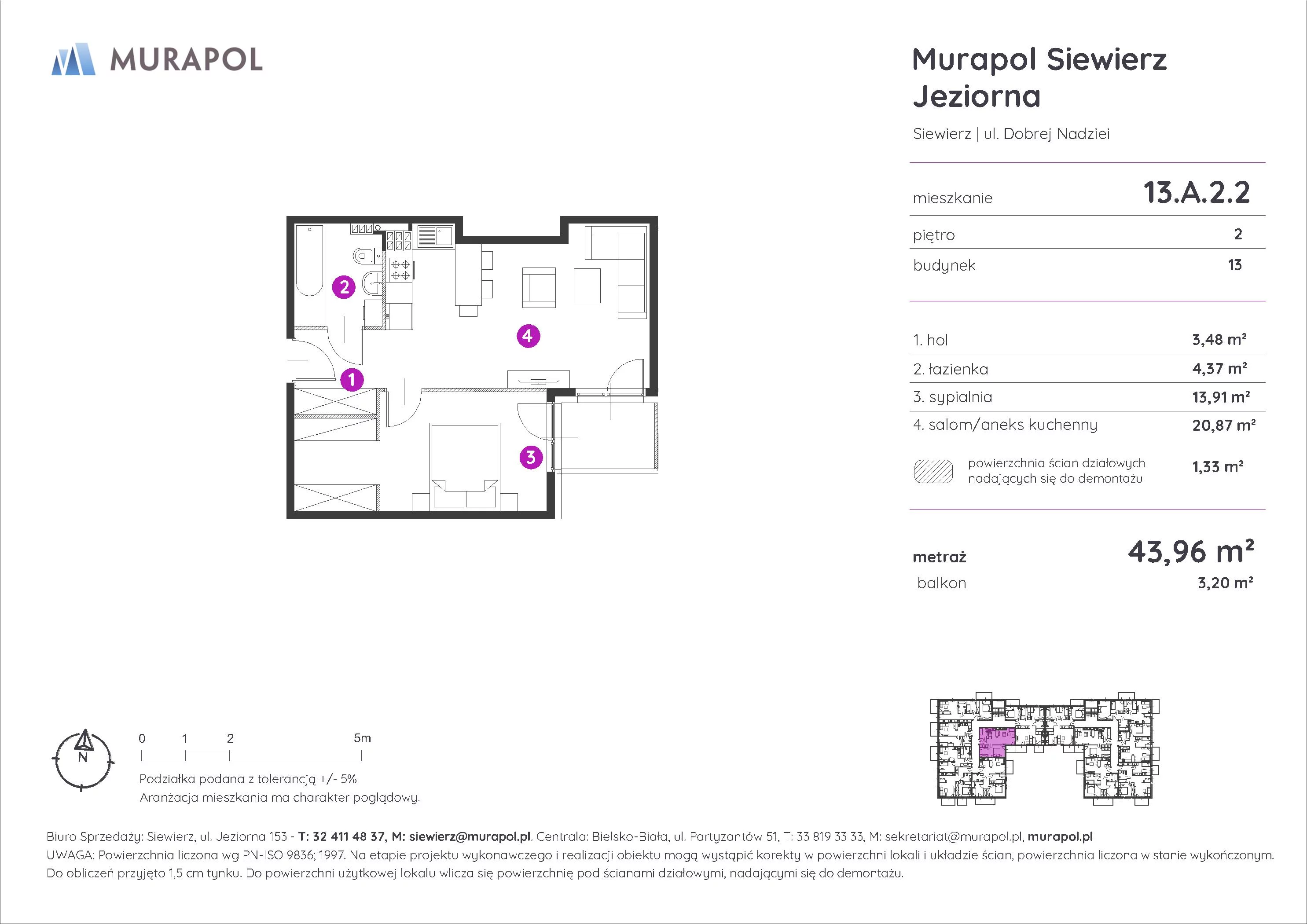 2 pokoje, mieszkanie 43,96 m², piętro 2, oferta nr 13.A.2.2, Murapol Siewierz Jeziorna - Gotowe mieszkania, Siewierz, ul. Jeziorna 153