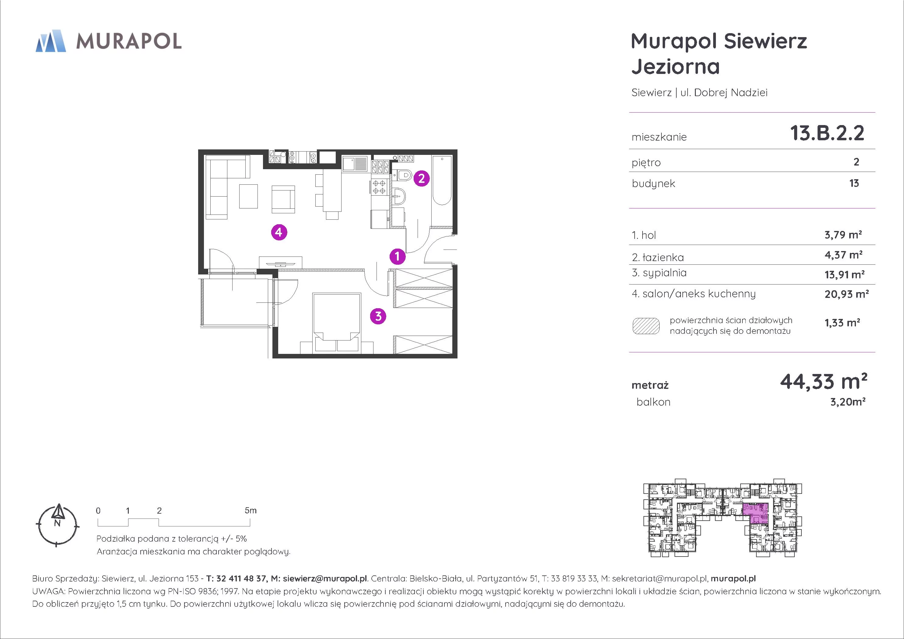 2 pokoje, mieszkanie 44,33 m², piętro 2, oferta nr 13.B.2.2, Murapol Siewierz Jeziorna - Gotowe mieszkania, Siewierz, ul. Jeziorna 153