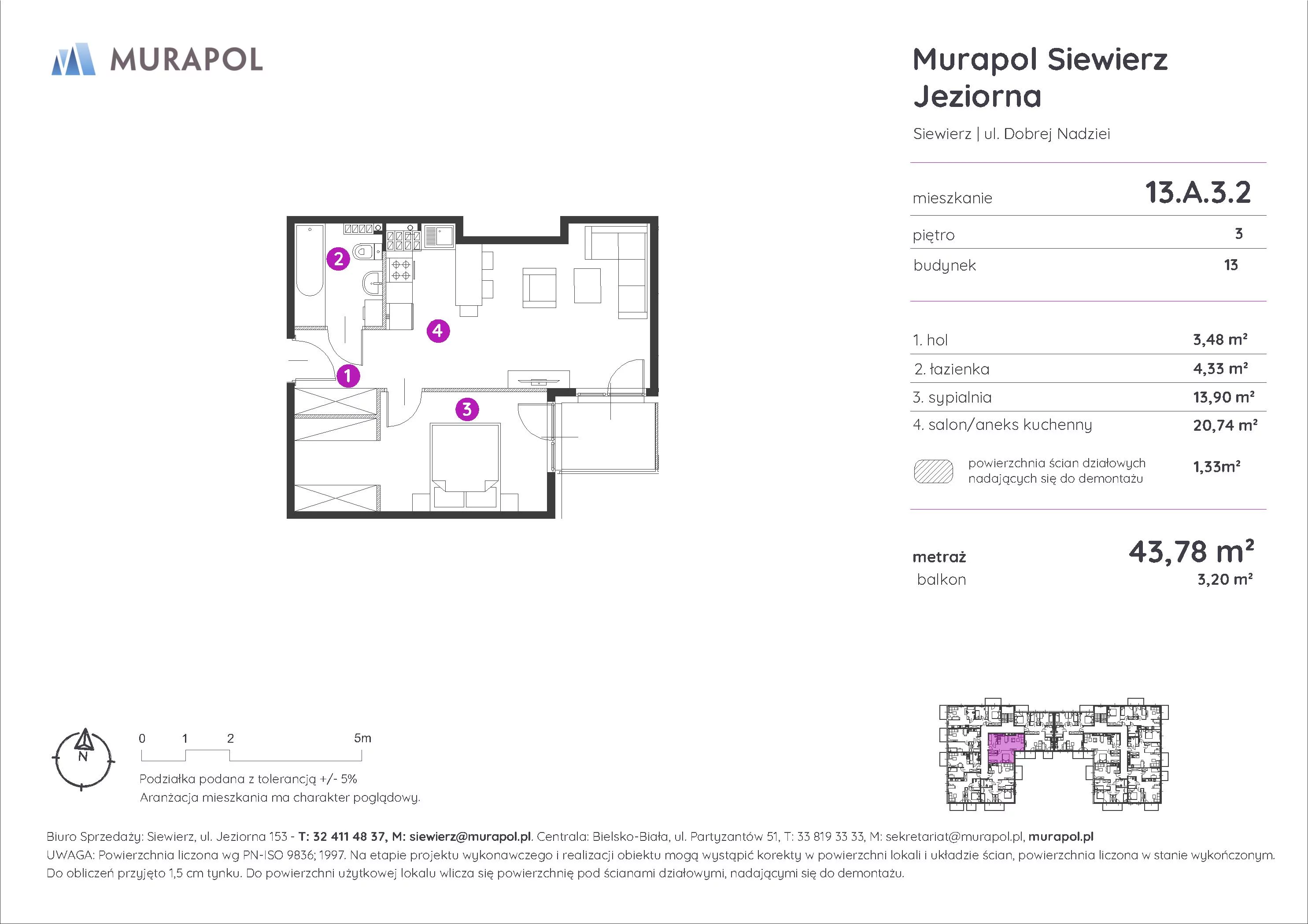 2 pokoje, mieszkanie 43,78 m², piętro 3, oferta nr 13.A.3.2, Murapol Siewierz Jeziorna - Gotowe mieszkania, Siewierz, ul. Jeziorna 153