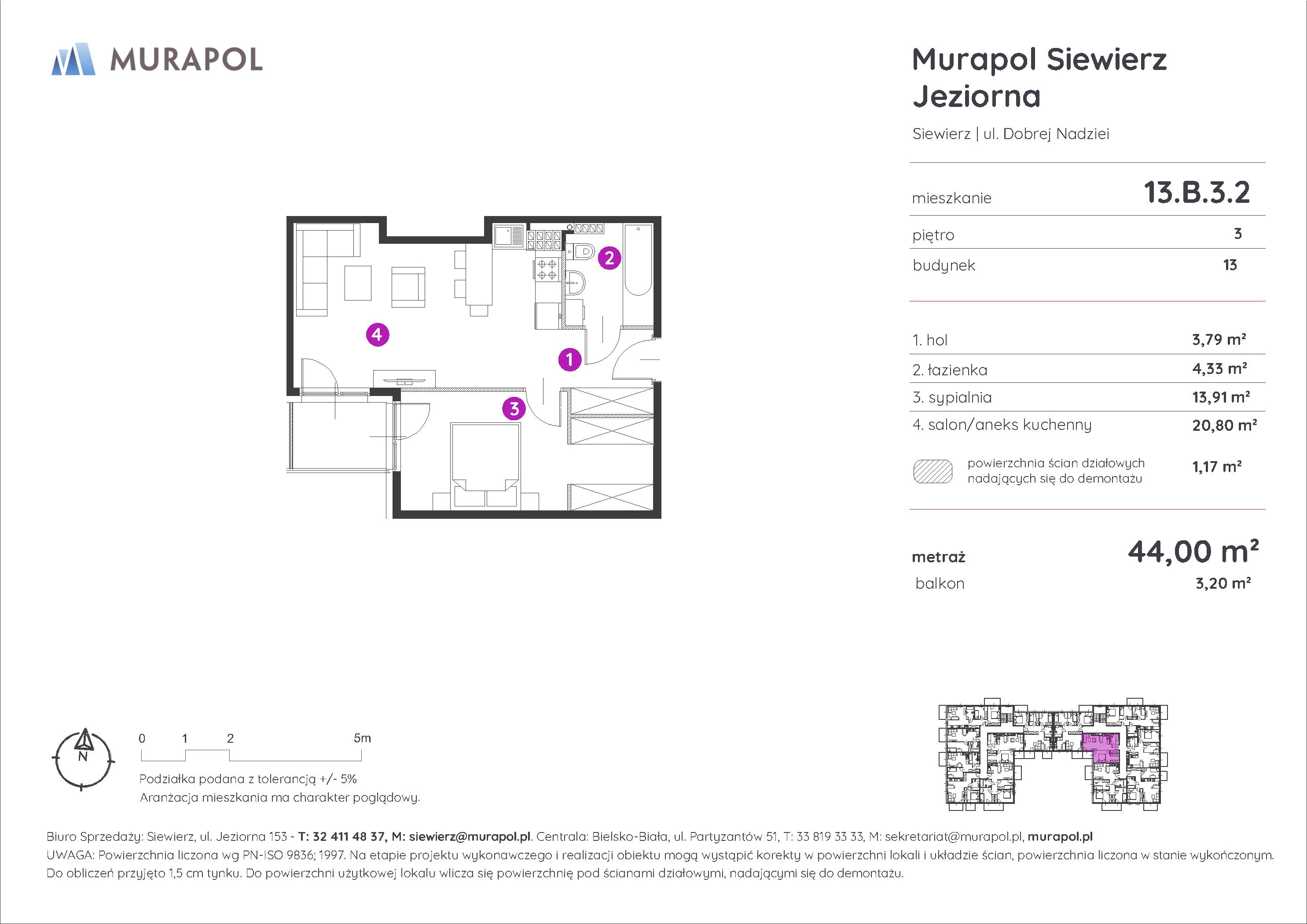 2 pokoje, mieszkanie 44,00 m², piętro 3, oferta nr 13.B.3.2, Murapol Siewierz Jeziorna - Gotowe mieszkania, Siewierz, ul. Jeziorna 153