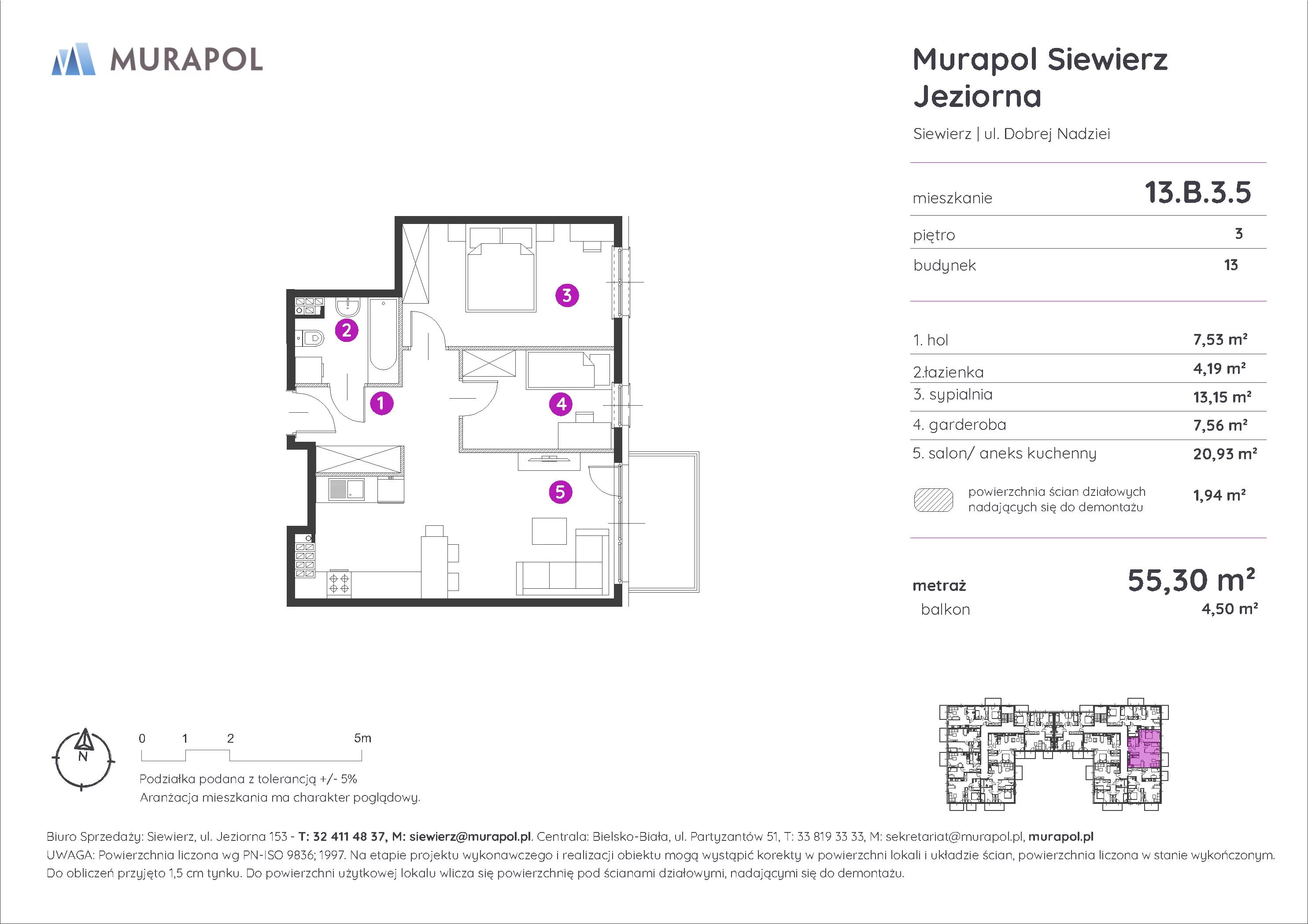 2 pokoje, mieszkanie 55,30 m², piętro 3, oferta nr 13.B.3.5, Murapol Siewierz Jeziorna - Gotowe mieszkania, Siewierz, ul. Jeziorna 153