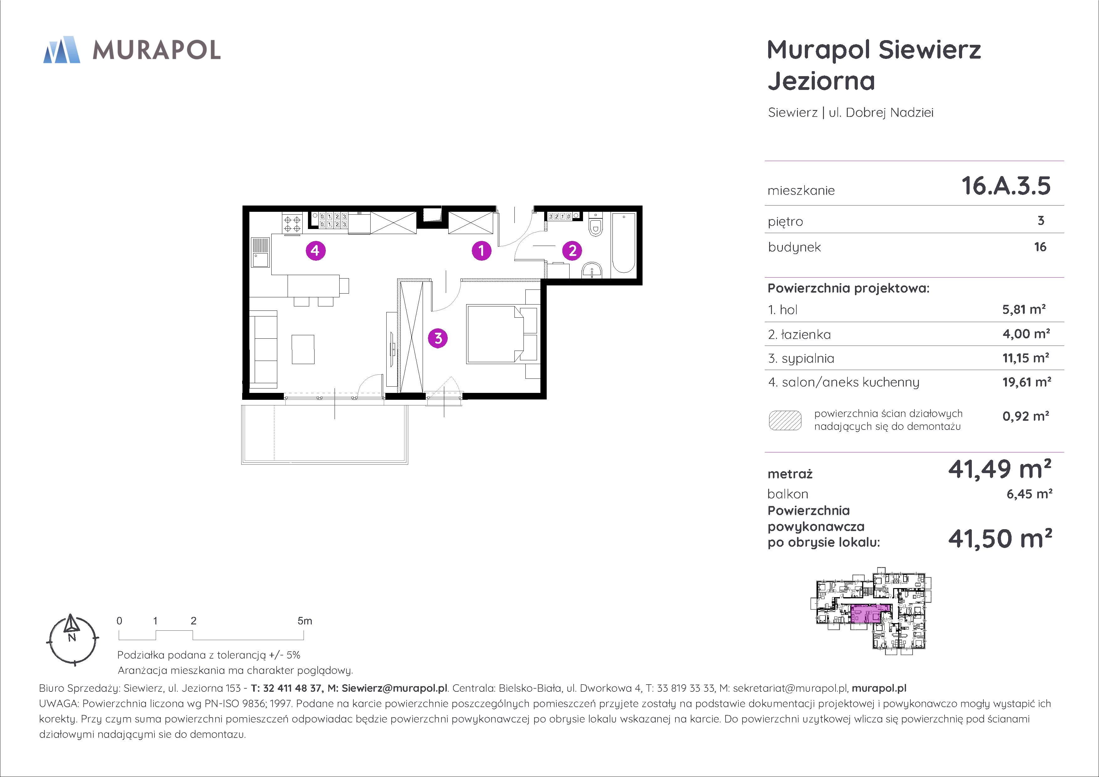 2 pokoje, mieszkanie 41,50 m², piętro 3, oferta nr 16.A.3.5, Murapol Siewierz Jeziorna, Siewierz, ul. Jeziorna 153