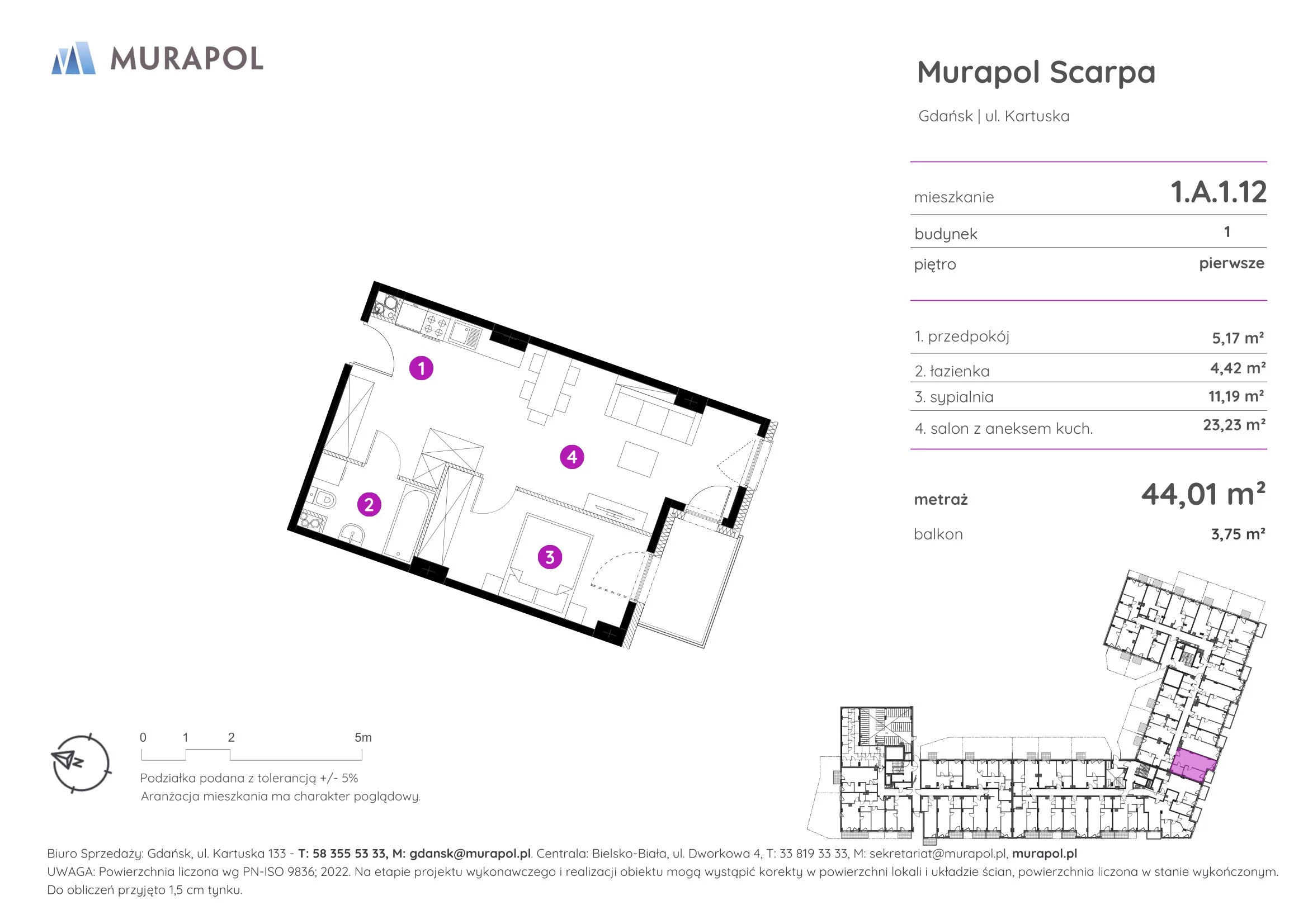 Mieszkanie 44,01 m², piętro 1, oferta nr 1.A.1.12, Murapol Scarpa, Gdańsk, Siedlce, ul. Kartuska