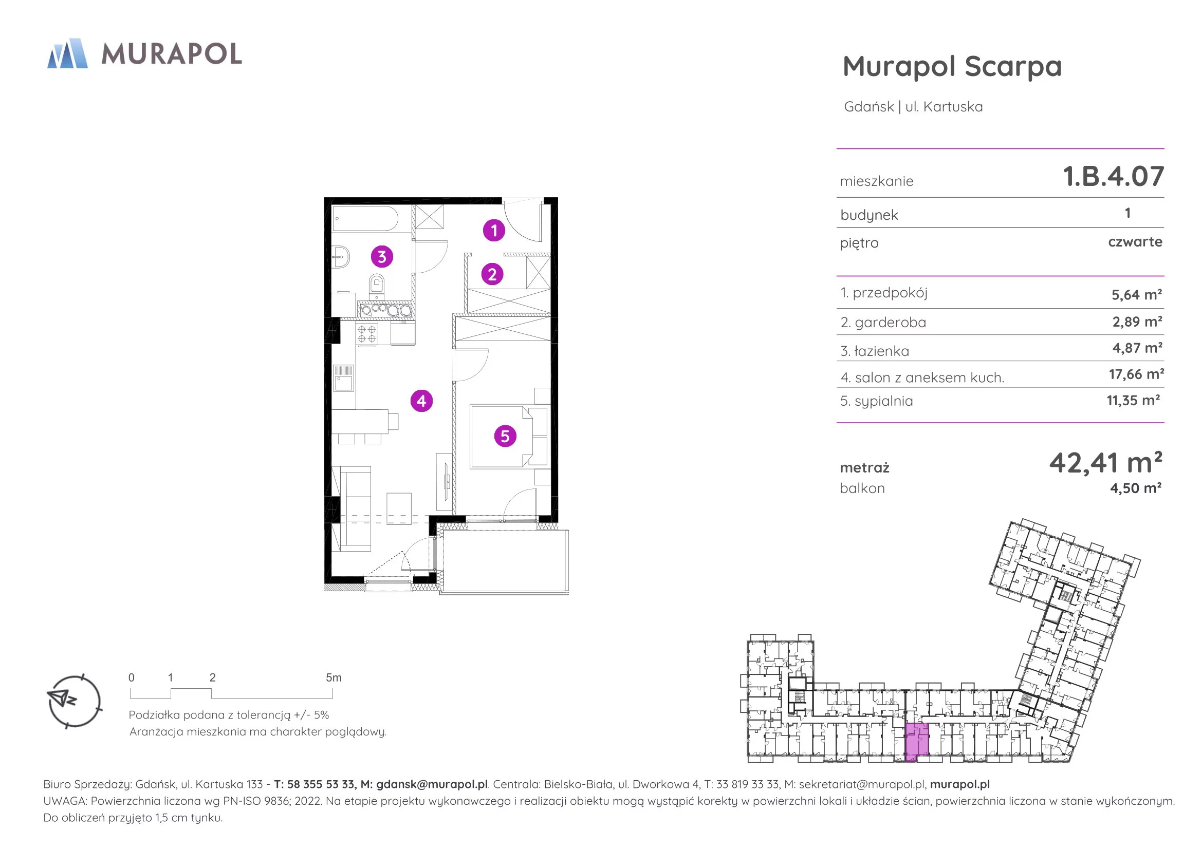 Mieszkanie 42,41 m², piętro 4, oferta nr 1.B.4.07, Murapol Scarpa, Gdańsk, Siedlce, ul. Kartuska