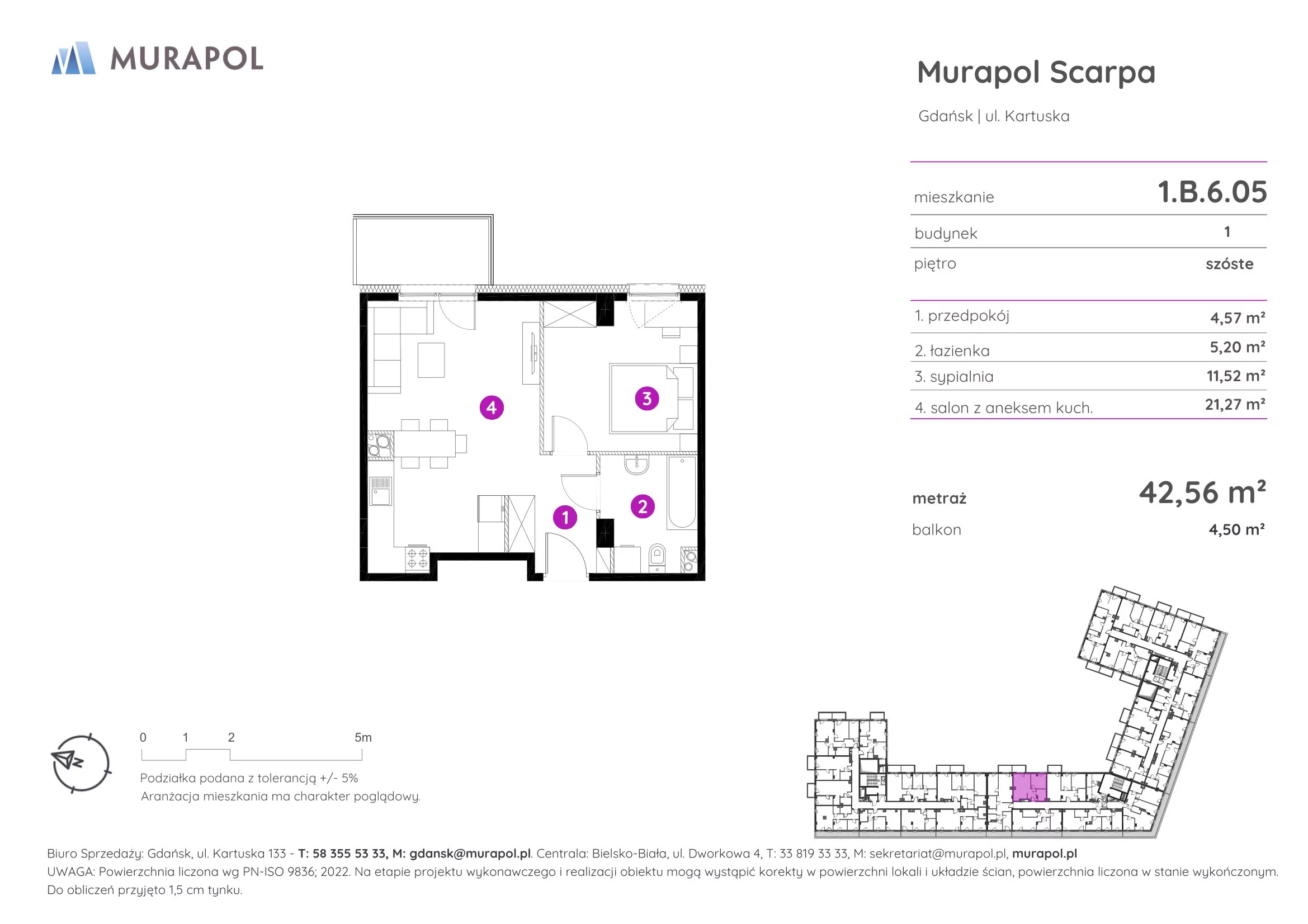 Mieszkanie 42,56 m², piętro 6, oferta nr 1.B.6.05, Murapol Scarpa, Gdańsk, Siedlce, ul. Kartuska