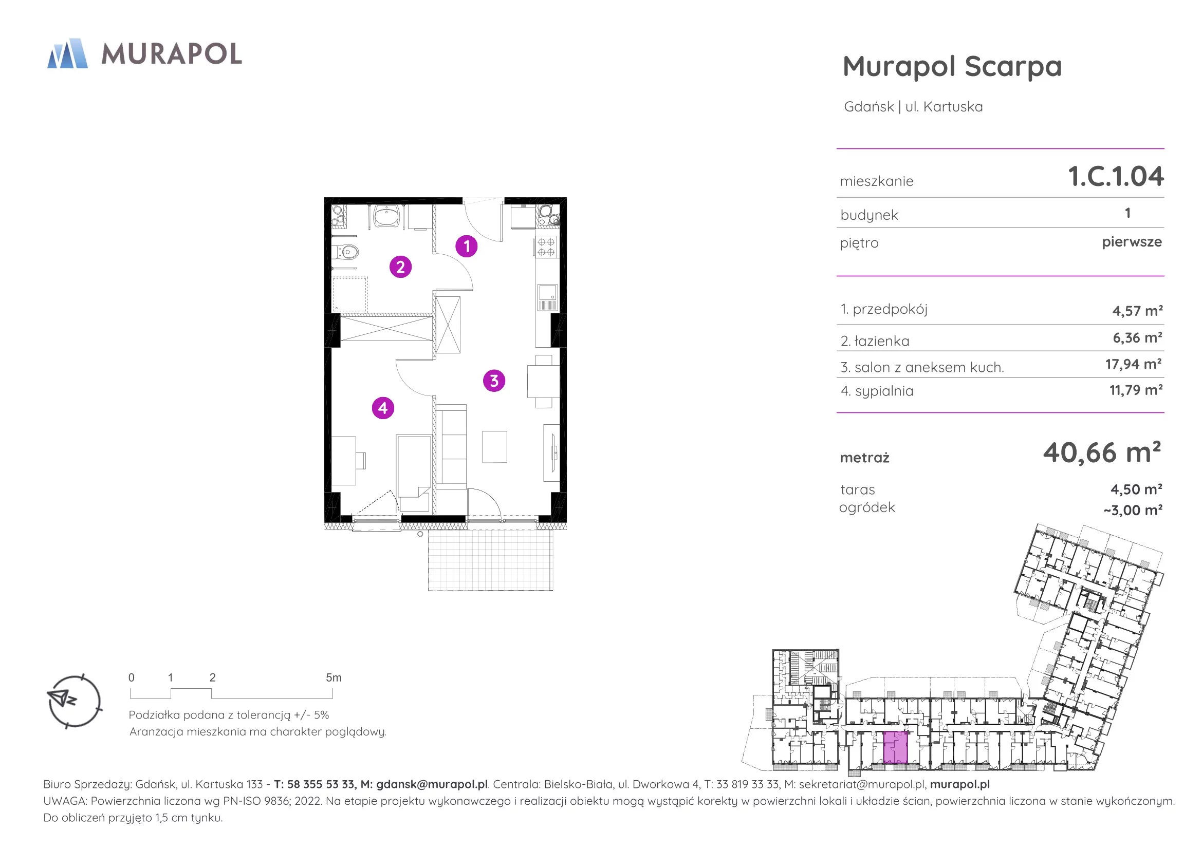 Mieszkanie 40,66 m², piętro 1, oferta nr 1.C.1.04, Murapol Scarpa, Gdańsk, Siedlce, ul. Kartuska