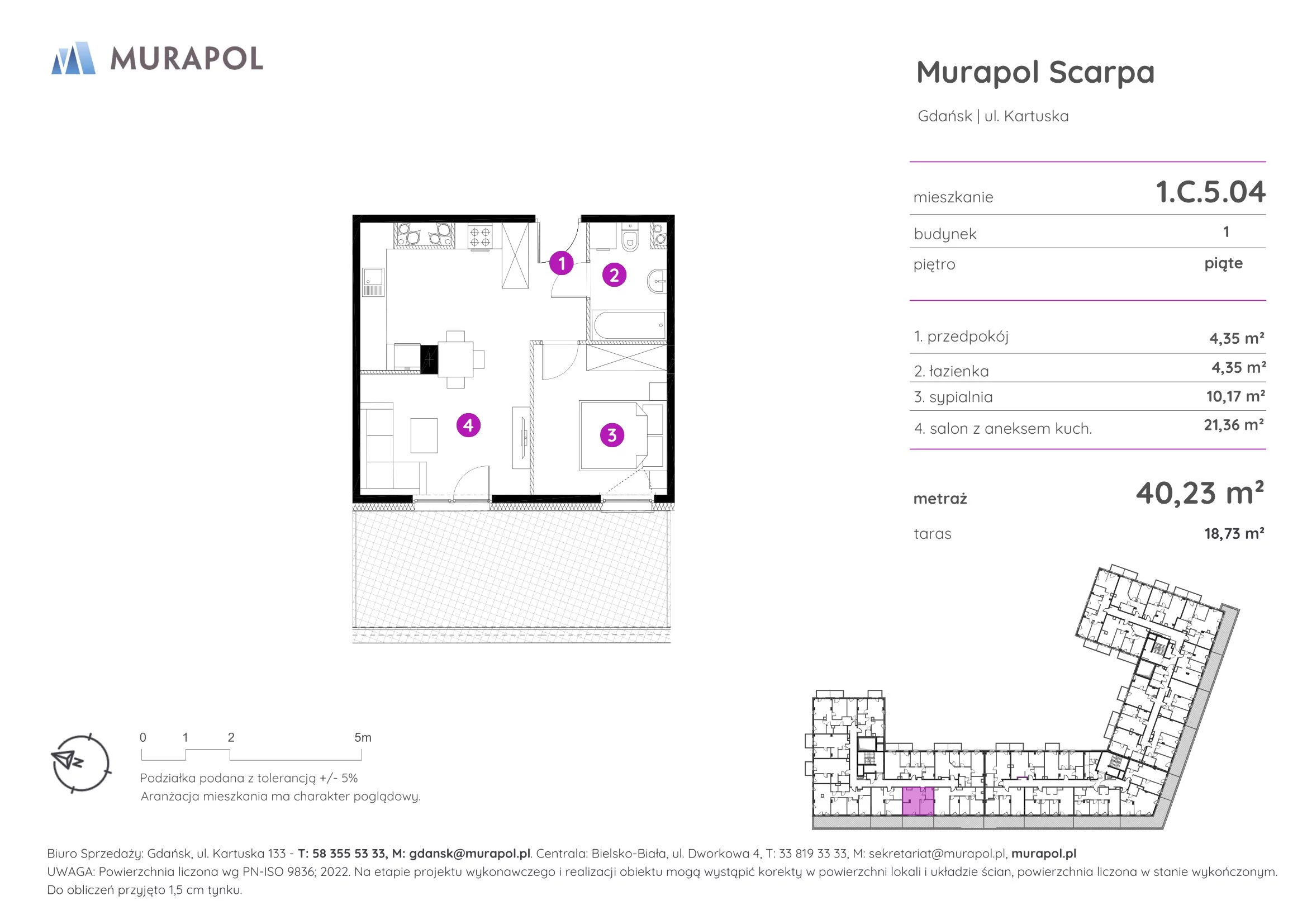 Mieszkanie 40,23 m², piętro 5, oferta nr 1.C.5.04, Murapol Scarpa, Gdańsk, Siedlce, ul. Kartuska