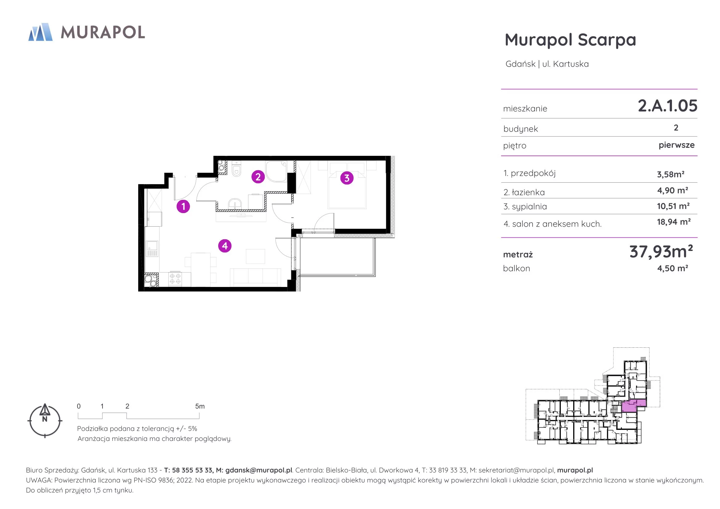 Mieszkanie 37,93 m², piętro 1, oferta nr 2.A.1.05, Murapol Scarpa, Gdańsk, Siedlce, ul. Kartuska