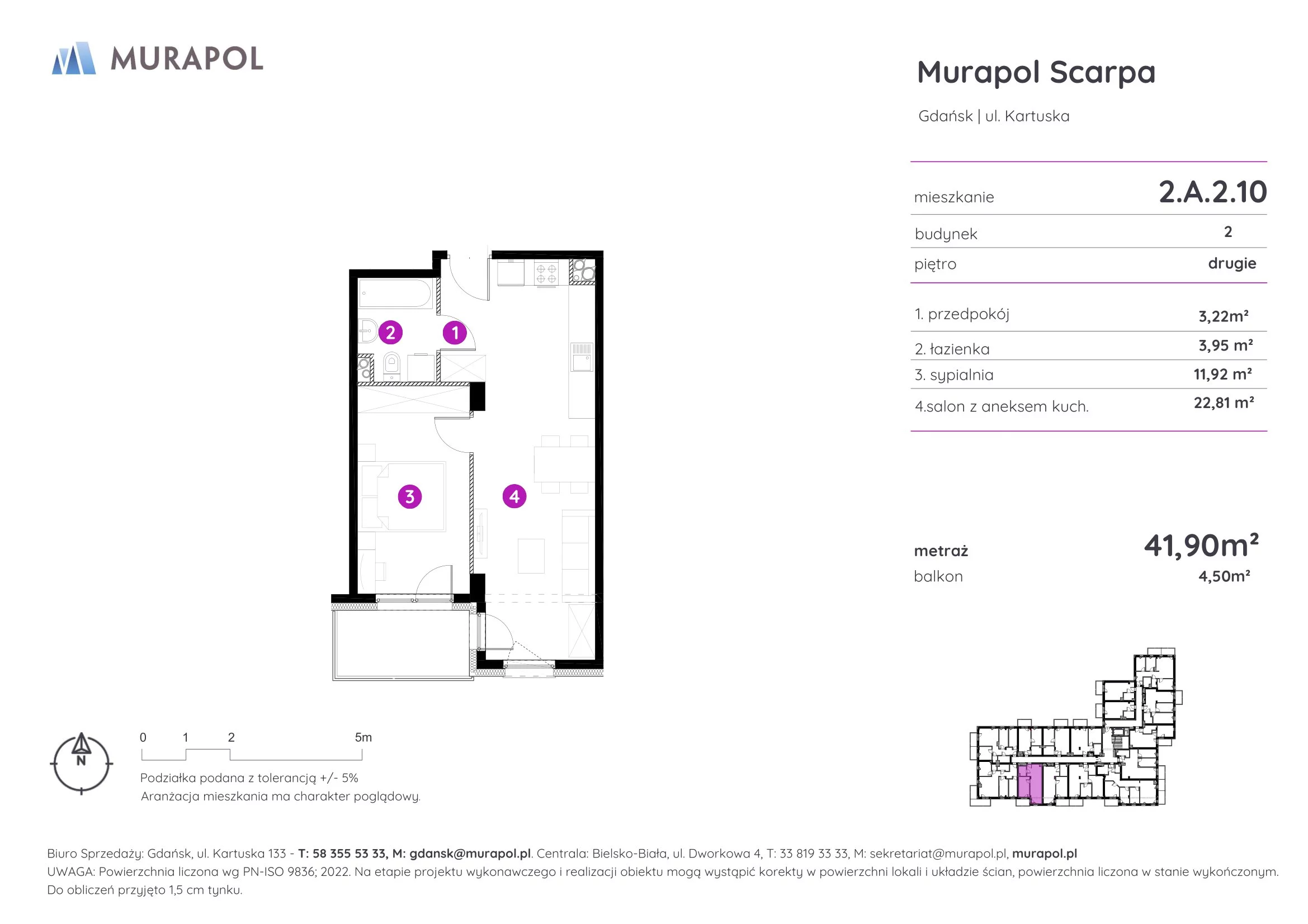 Mieszkanie 41,90 m², piętro 2, oferta nr 2.A.2.10, Murapol Scarpa, Gdańsk, Siedlce, ul. Kartuska