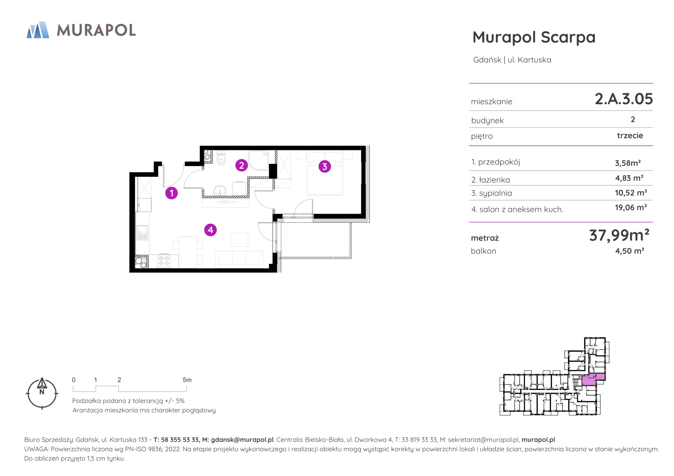 Mieszkanie 37,99 m², piętro 3, oferta nr 2.A.3.05, Murapol Scarpa, Gdańsk, Siedlce, ul. Kartuska