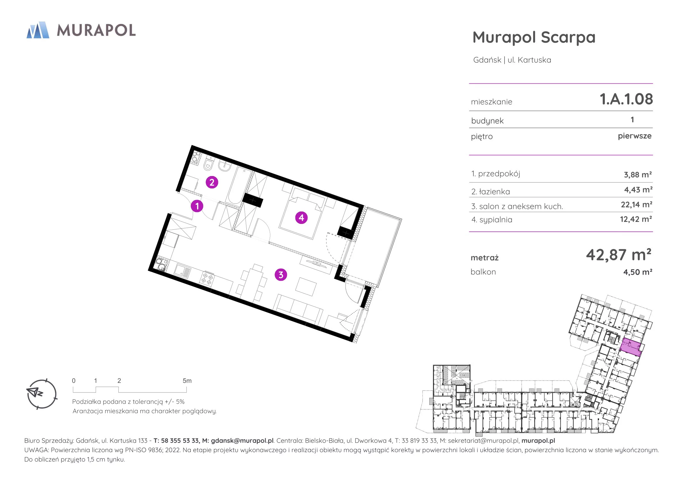 2 pokoje, mieszkanie 42,87 m², piętro 1, oferta nr 1.A.1.08, Murapol Scarpa, Gdańsk, Siedlce, ul. Kartuska