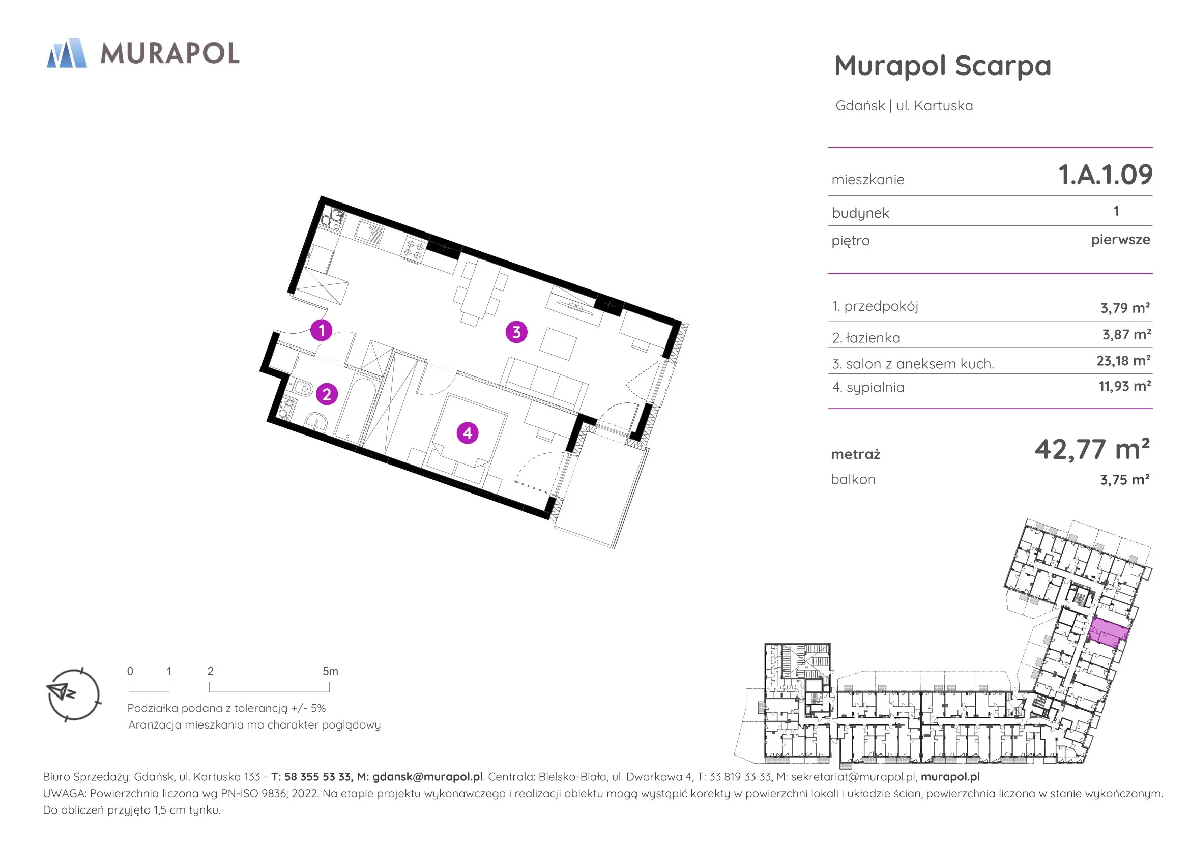 2 pokoje, mieszkanie 42,77 m², piętro 1, oferta nr 1.A.1.09, Murapol Scarpa, Gdańsk, Siedlce, ul. Kartuska
