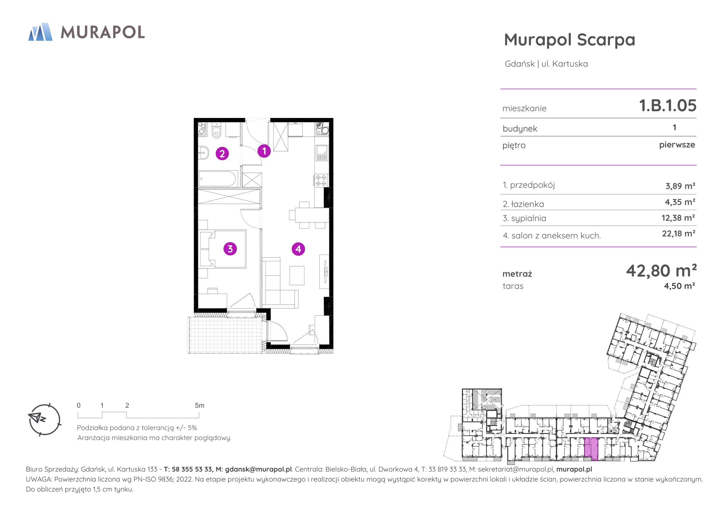 2 pokoje, mieszkanie 42,80 m², piętro 1, oferta nr 1.B.1.05, Murapol Scarpa, Gdańsk, Siedlce, ul. Kartuska