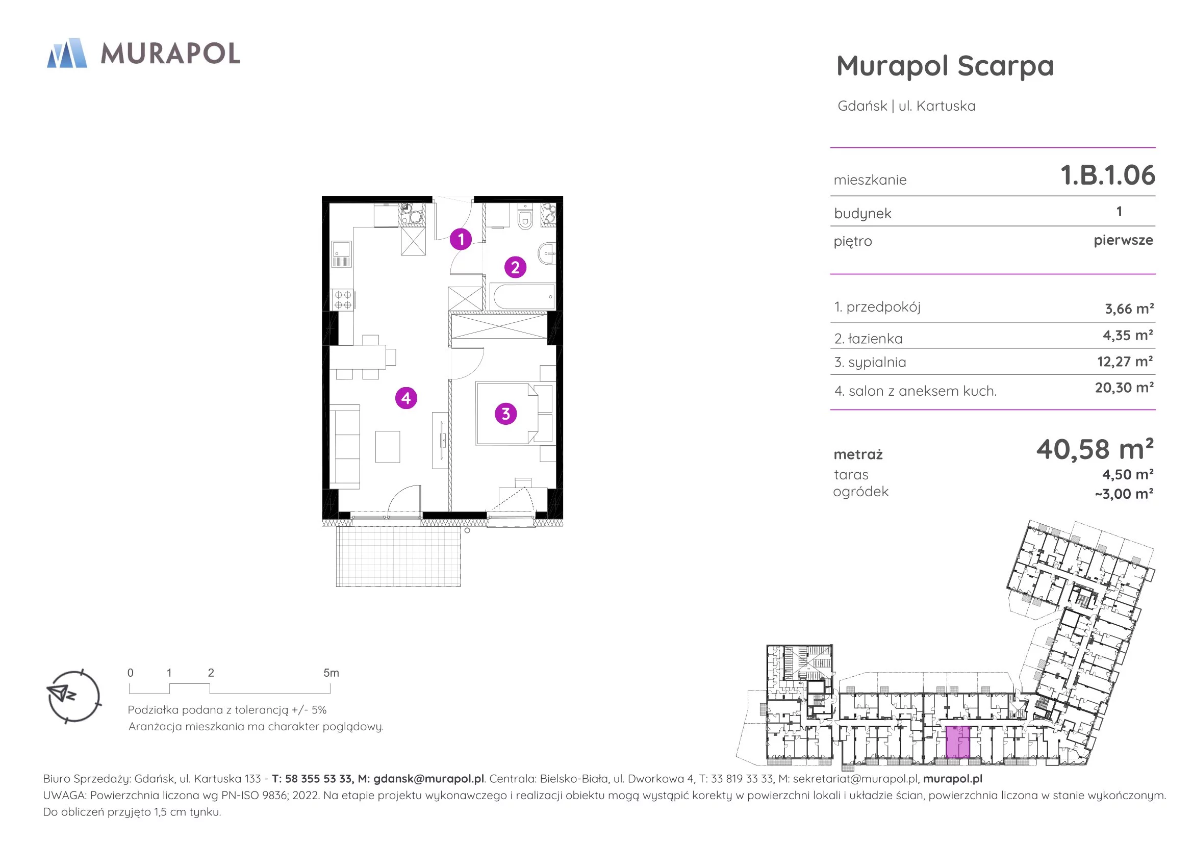 2 pokoje, mieszkanie 40,58 m², piętro 1, oferta nr 1.B.1.06, Murapol Scarpa, Gdańsk, Siedlce, ul. Kartuska