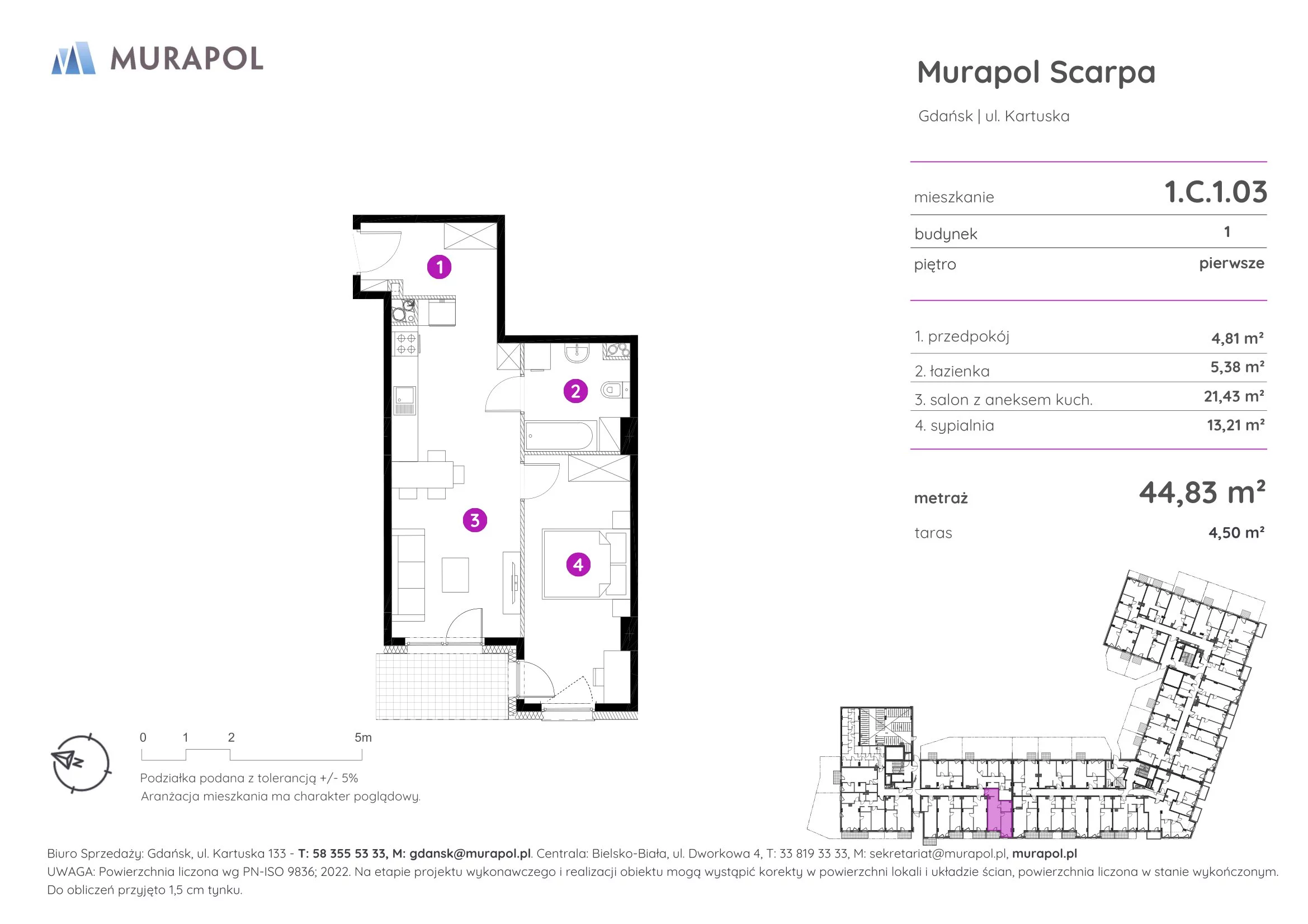 2 pokoje, mieszkanie 44,83 m², piętro 1, oferta nr 1.C.1.03, Murapol Scarpa, Gdańsk, Siedlce, ul. Kartuska