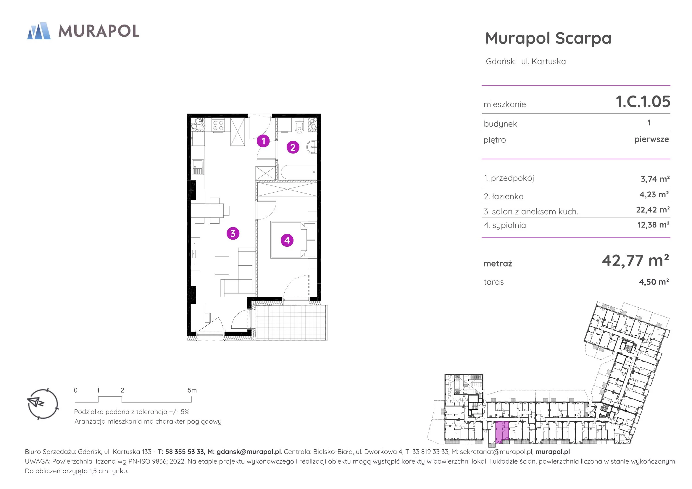 2 pokoje, mieszkanie 42,77 m², piętro 1, oferta nr 1.C.1.05, Murapol Scarpa, Gdańsk, Siedlce, ul. Kartuska