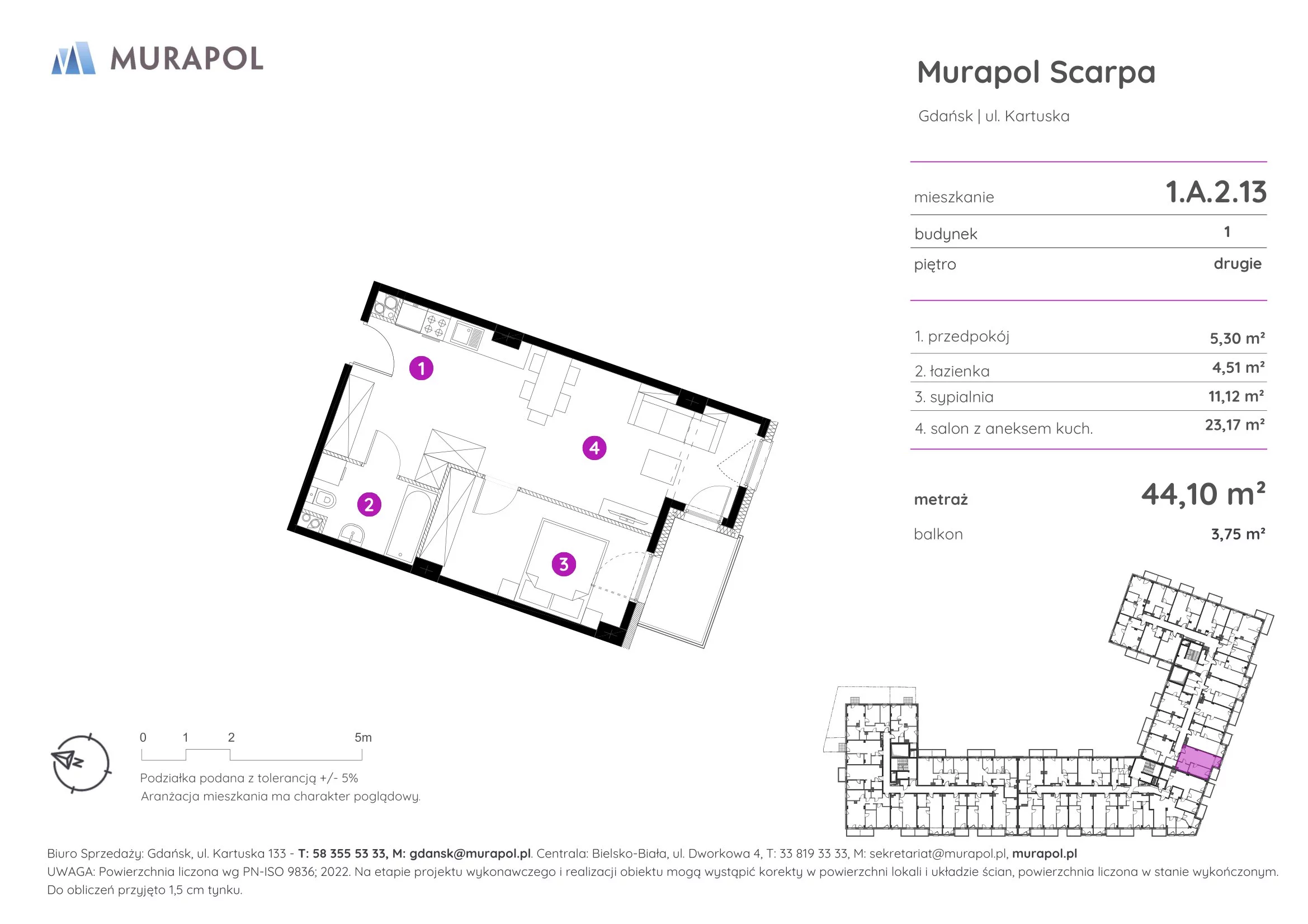 2 pokoje, mieszkanie 44,10 m², piętro 2, oferta nr 1.A.2.13, Murapol Scarpa, Gdańsk, Siedlce, ul. Kartuska