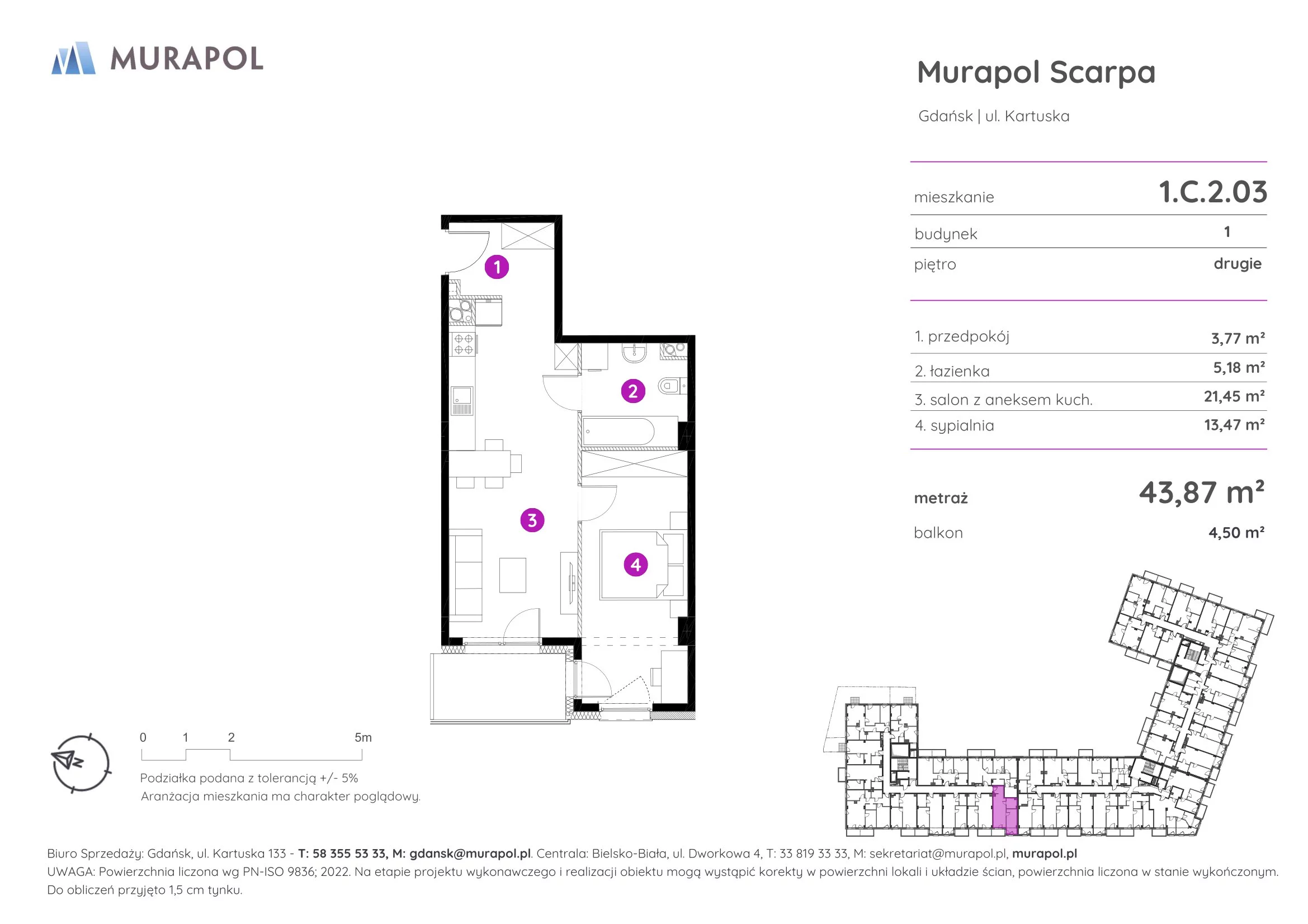 2 pokoje, mieszkanie 43,87 m², piętro 2, oferta nr 1.C.2.03, Murapol Scarpa, Gdańsk, Siedlce, ul. Kartuska