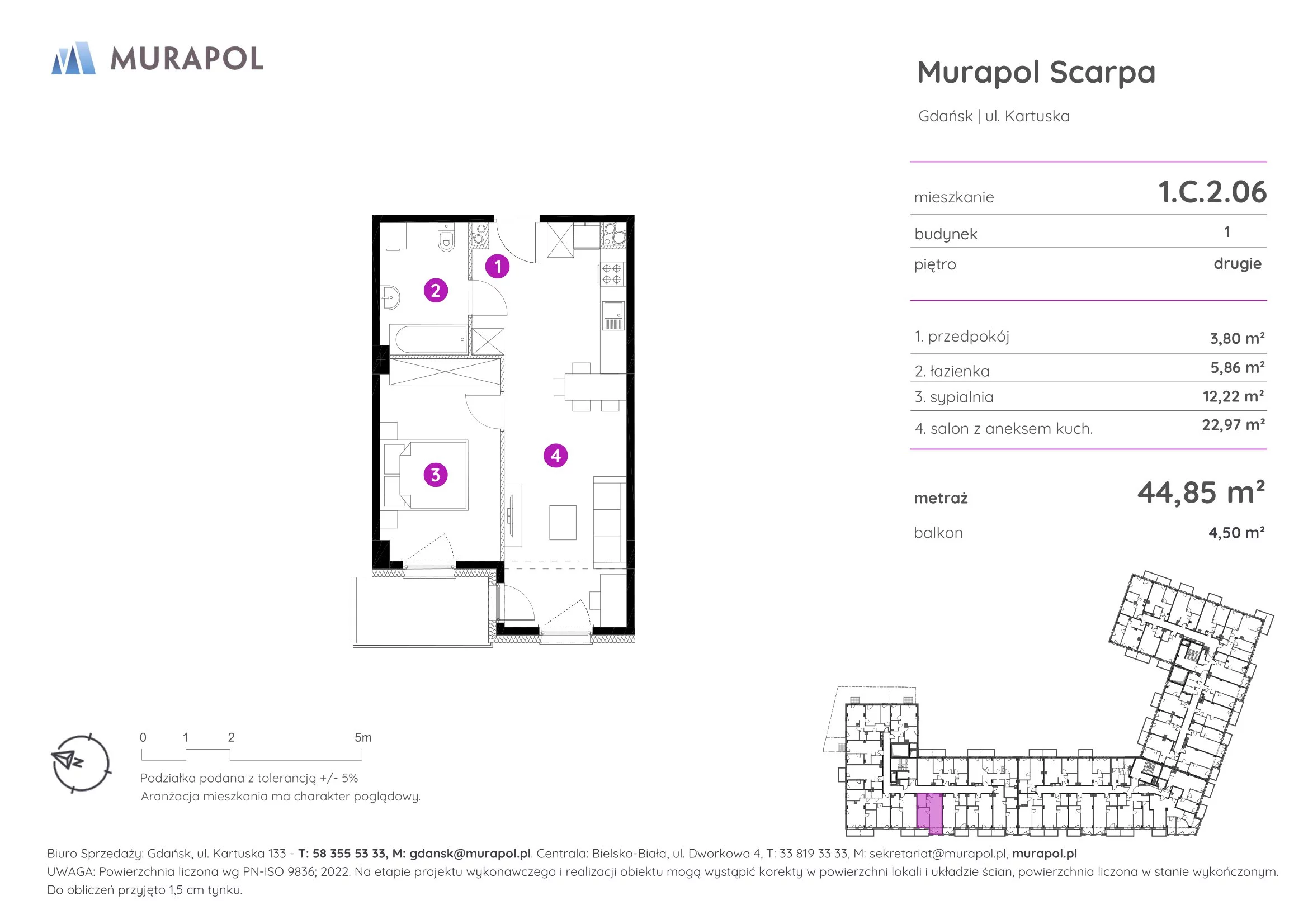 2 pokoje, mieszkanie 44,85 m², piętro 2, oferta nr 1.C.2.06, Murapol Scarpa, Gdańsk, Siedlce, ul. Kartuska