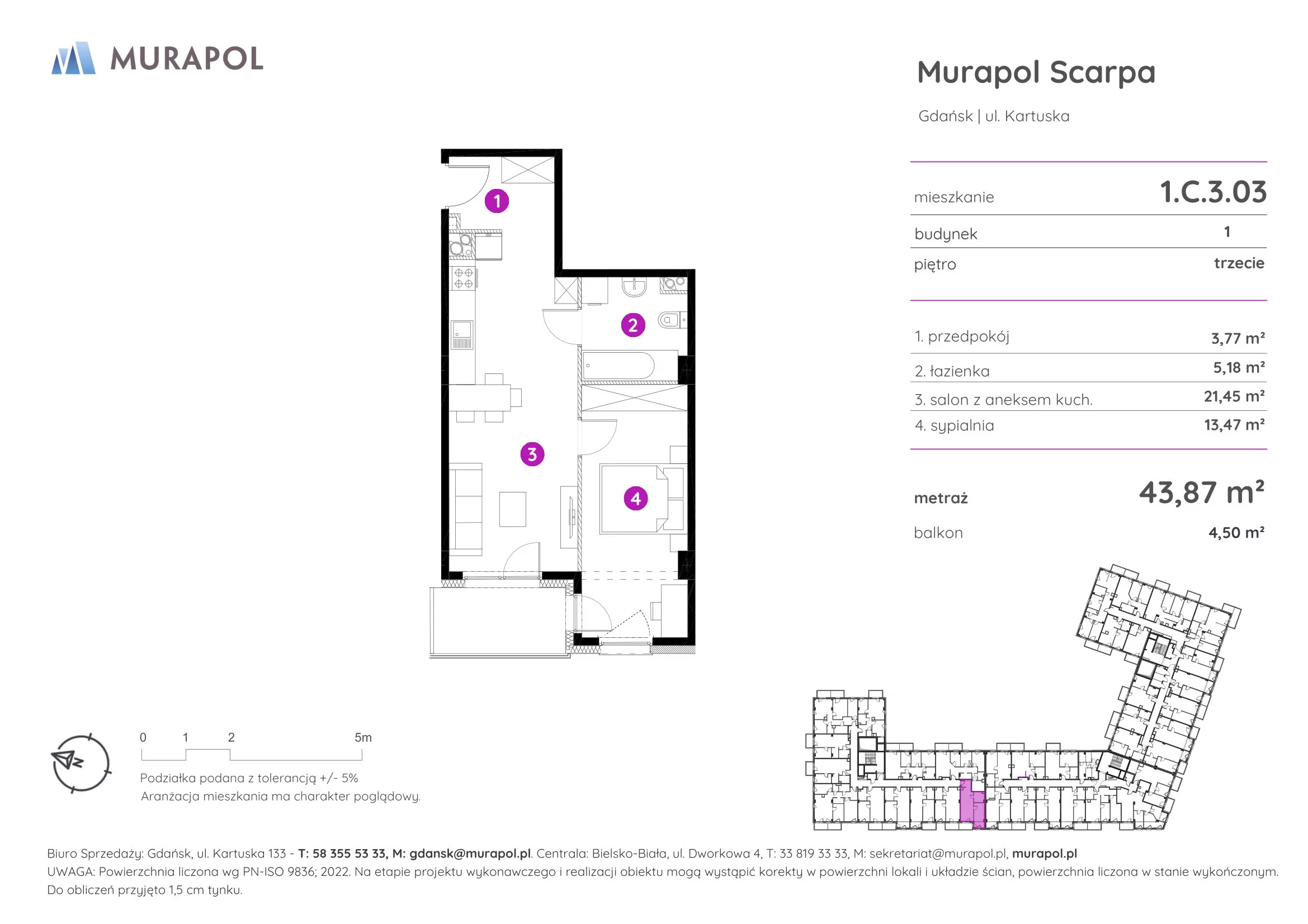2 pokoje, mieszkanie 43,87 m², piętro 3, oferta nr 1.C.3.03, Murapol Scarpa, Gdańsk, Siedlce, ul. Kartuska