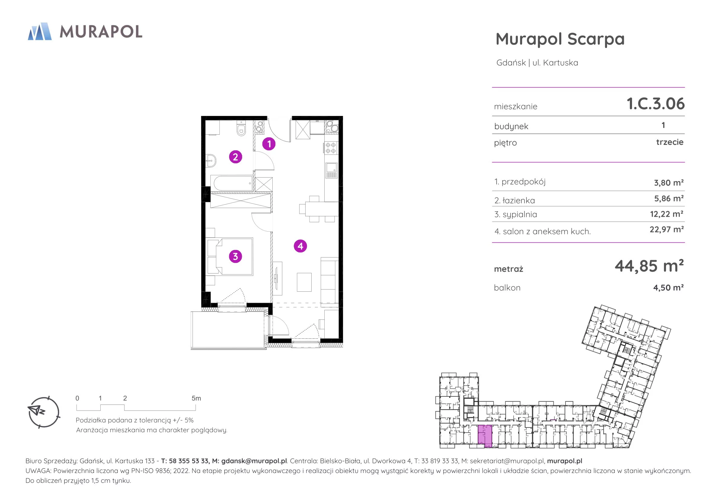 2 pokoje, mieszkanie 44,85 m², piętro 3, oferta nr 1.C.3.06, Murapol Scarpa, Gdańsk, Siedlce, ul. Kartuska