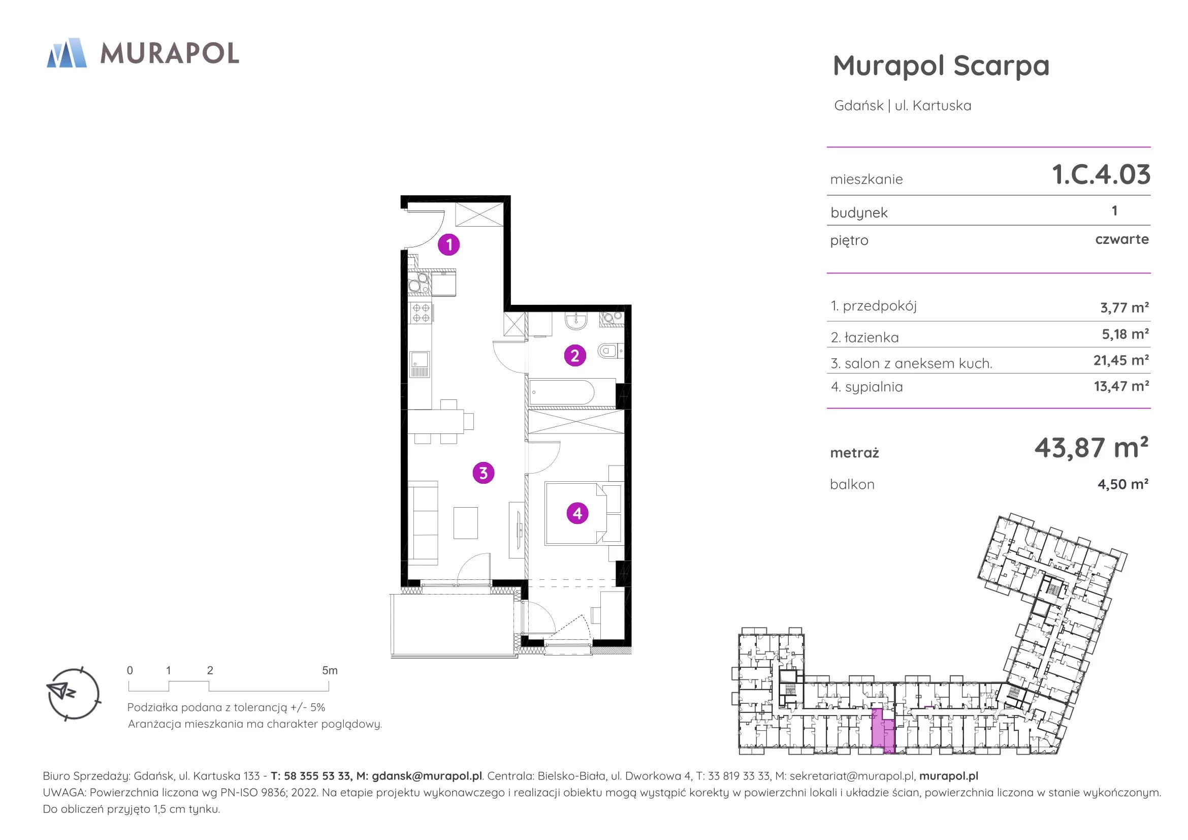 2 pokoje, mieszkanie 43,87 m², piętro 4, oferta nr 1.C.4.03, Murapol Scarpa, Gdańsk, Siedlce, ul. Kartuska