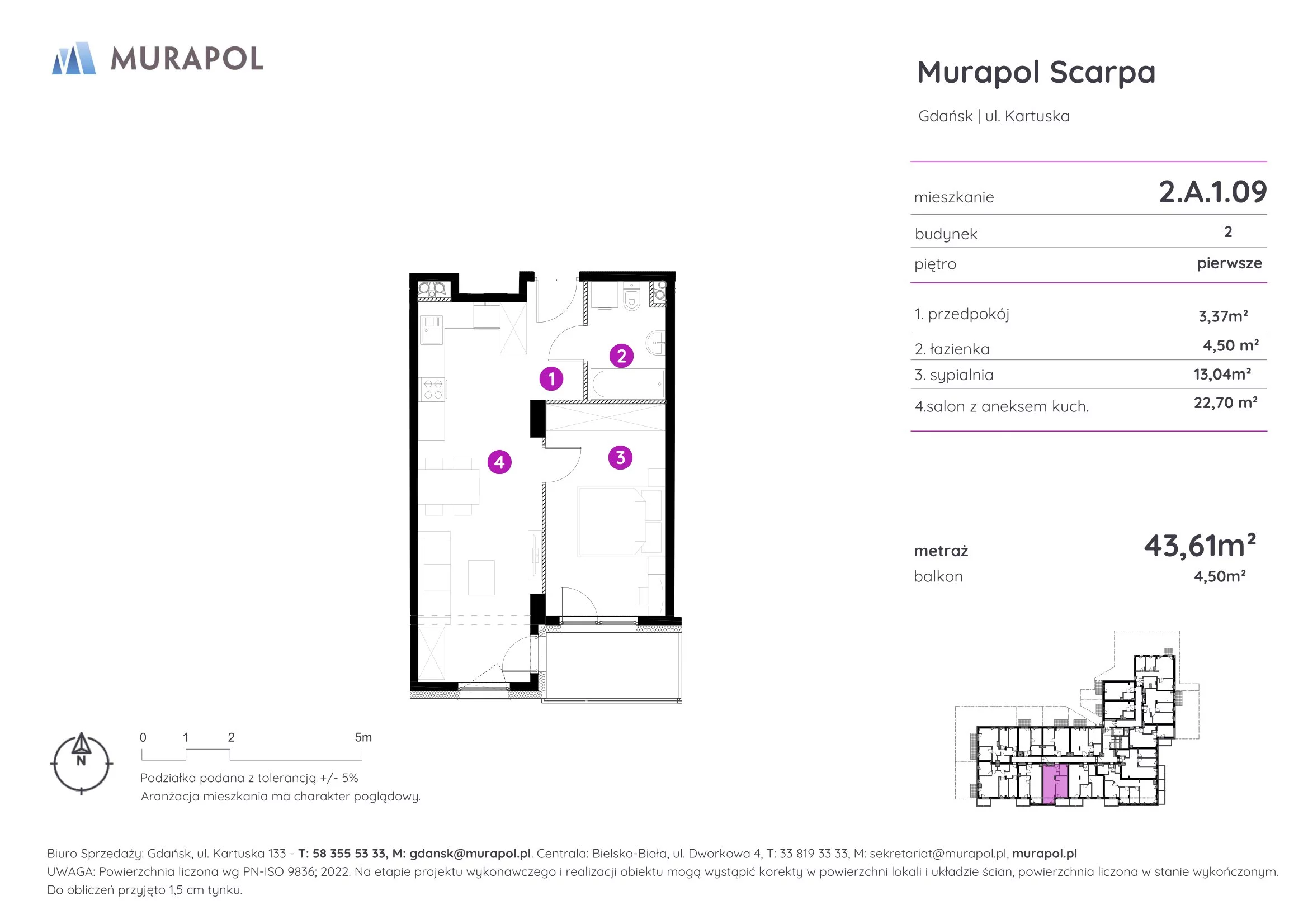 2 pokoje, mieszkanie 43,61 m², piętro 1, oferta nr 2.A.1.09, Murapol Scarpa, Gdańsk, Siedlce, ul. Kartuska
