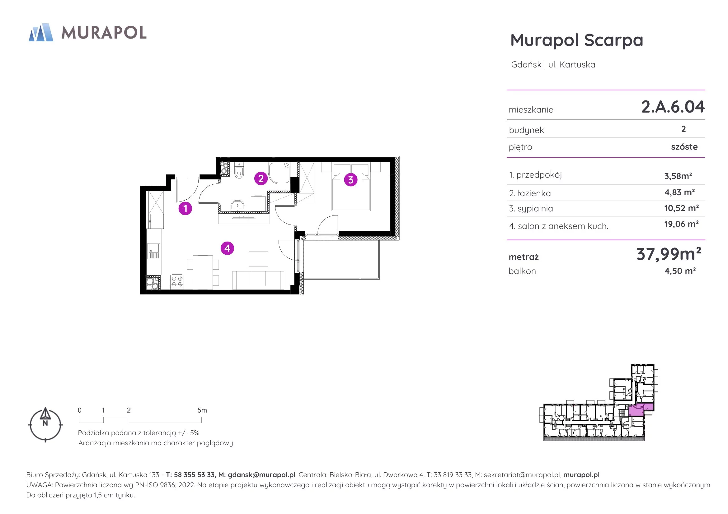 2 pokoje, mieszkanie 37,99 m², piętro 6, oferta nr 2.A.6.04, Murapol Scarpa, Gdańsk, Siedlce, ul. Kartuska