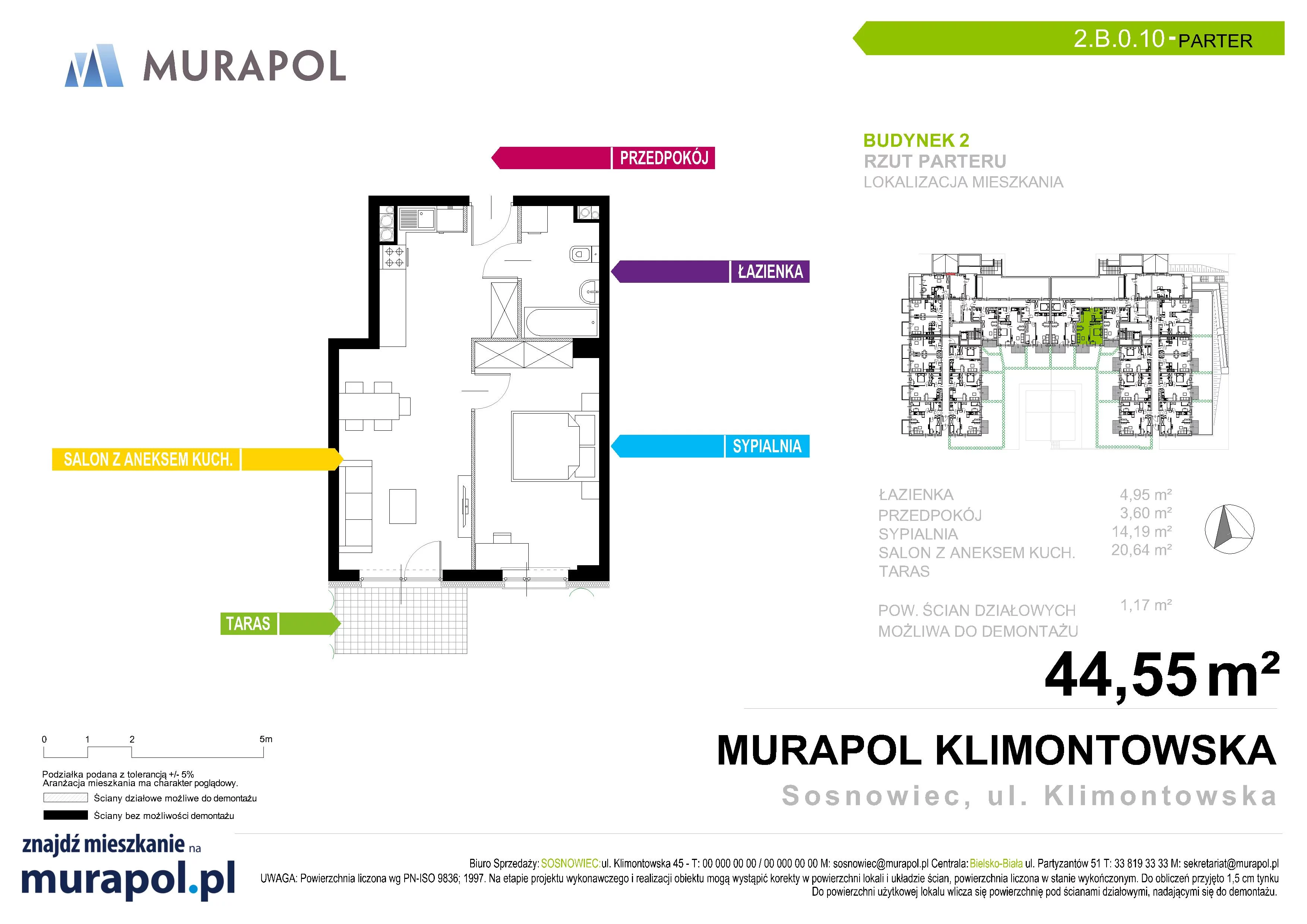 Mieszkanie 44,55 m², parter, oferta nr 2.B.0.10, Murapol Apartamenty Na Wzgórzu - Gotowe mieszkania, Sosnowiec, Klimontów, ul. Klimontowska 45