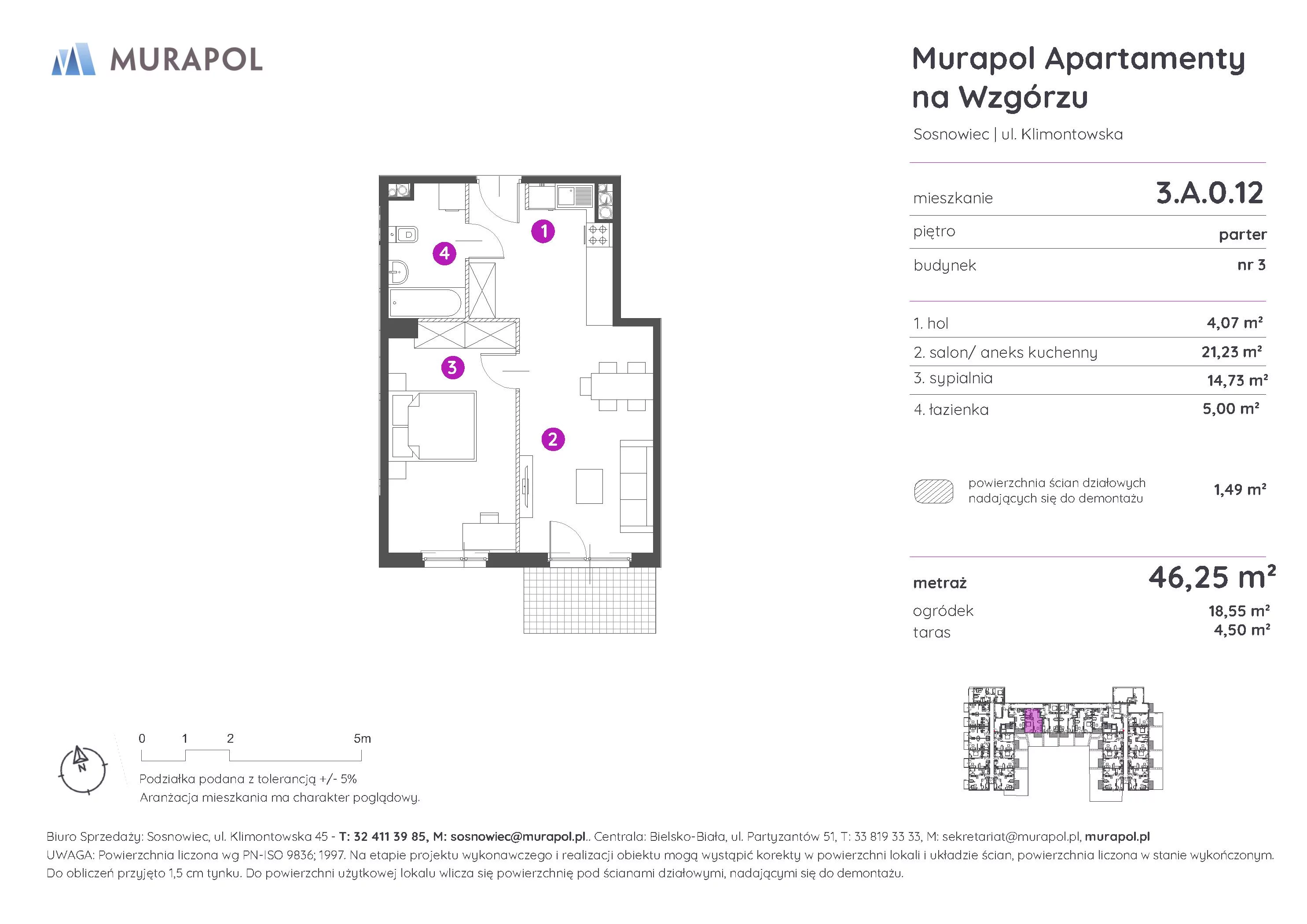 Mieszkanie 46,25 m², parter, oferta nr 3.A.0.12, Murapol Apartamenty Na Wzgórzu - Gotowe mieszkania, Sosnowiec, Klimontów, ul. Klimontowska 45