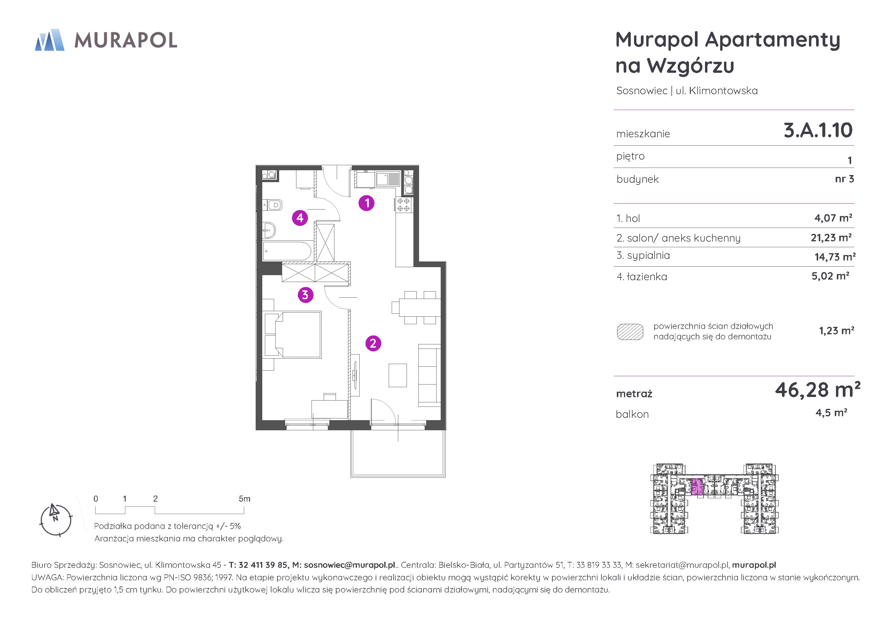 Mieszkanie 46,28 m², piętro 1, oferta nr 3.A.1.10, Murapol Apartamenty Na Wzgórzu - Gotowe mieszkania, Sosnowiec, Klimontów, ul. Klimontowska 45