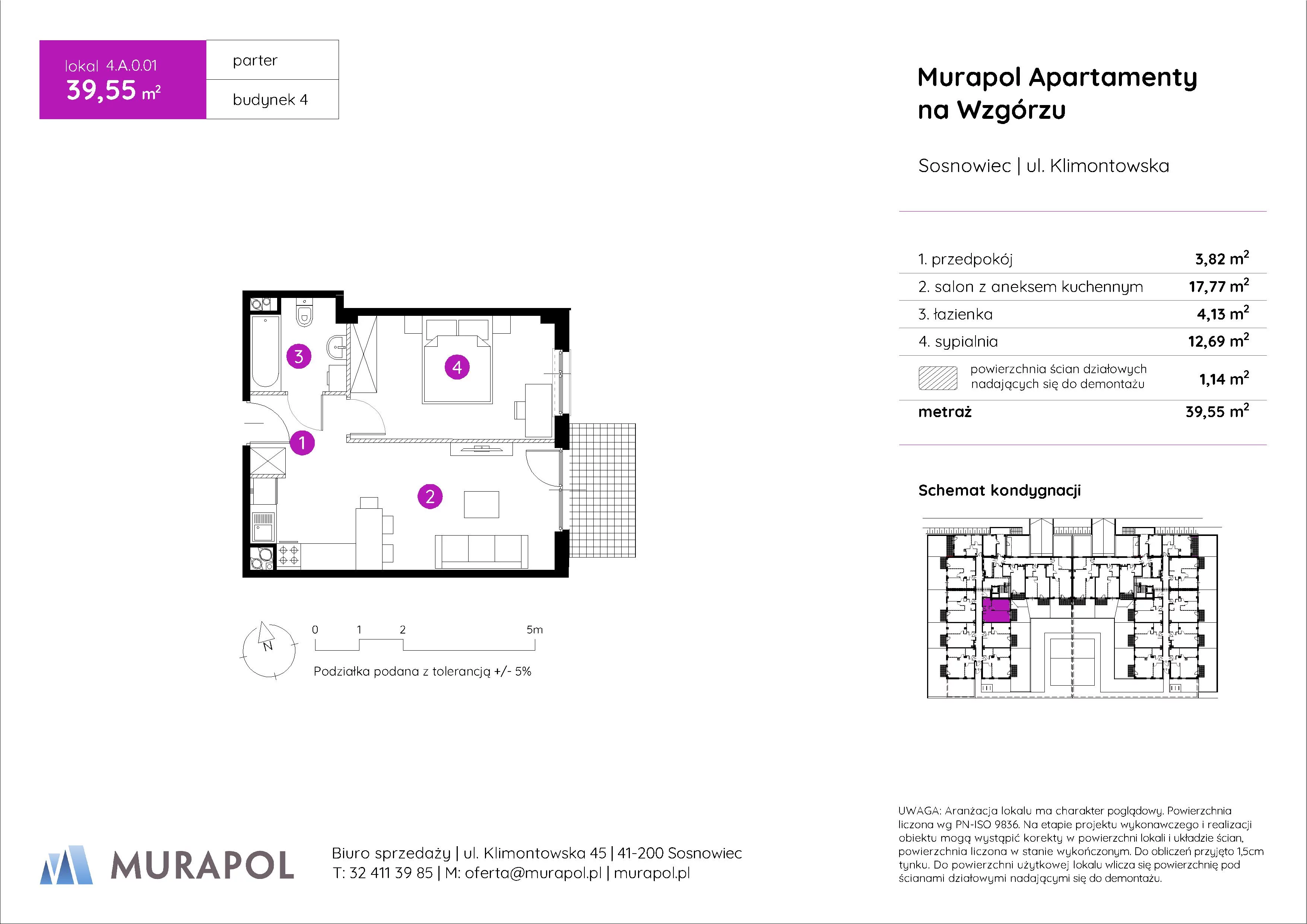 2 pokoje, mieszkanie 39,55 m², parter, oferta nr 4.A.0.01, Murapol Apartamenty Na Wzgórzu, Sosnowiec, Klimontów, ul. Klimontowska 45